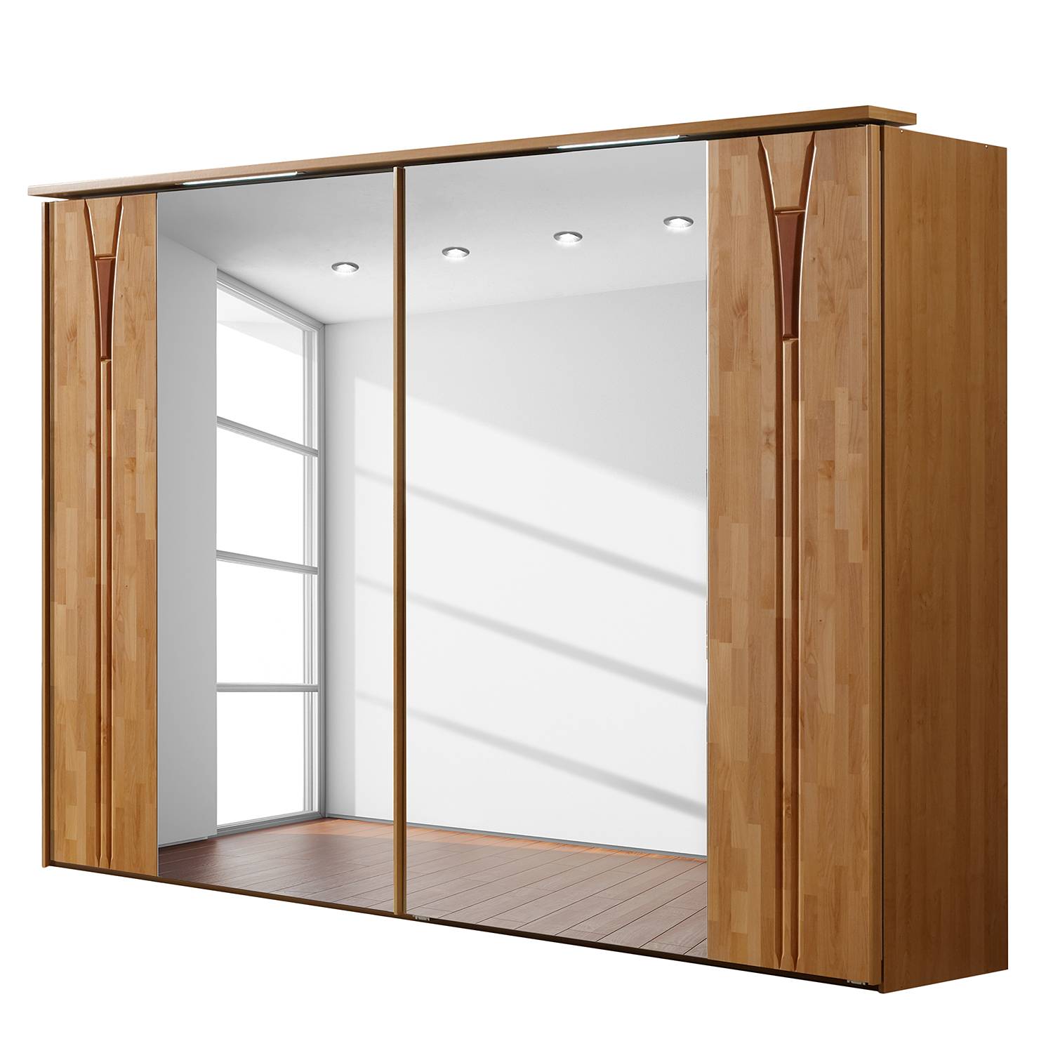 goedkoop energie A+ Zweefdeurkast Florenz deels massief elzenhout LED verlichting 300cm 2 deurs Met kroonlijst Wiemann