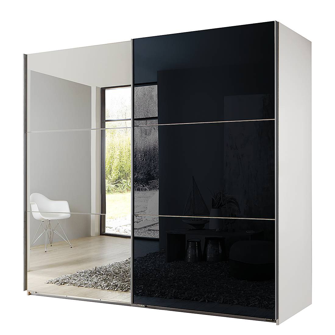 goedkoop Schuifdeurkast Medley met spiegel alpinewit zwart BxH 225x236cm 2 deurs Wimex