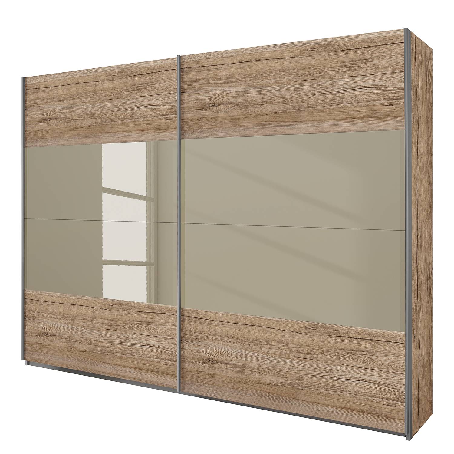 goedkoop Schuifdeurkast Quadra lichte San Remo eikenhouten look zandgrijs glas BxH 271x230cm Rauch Packs
