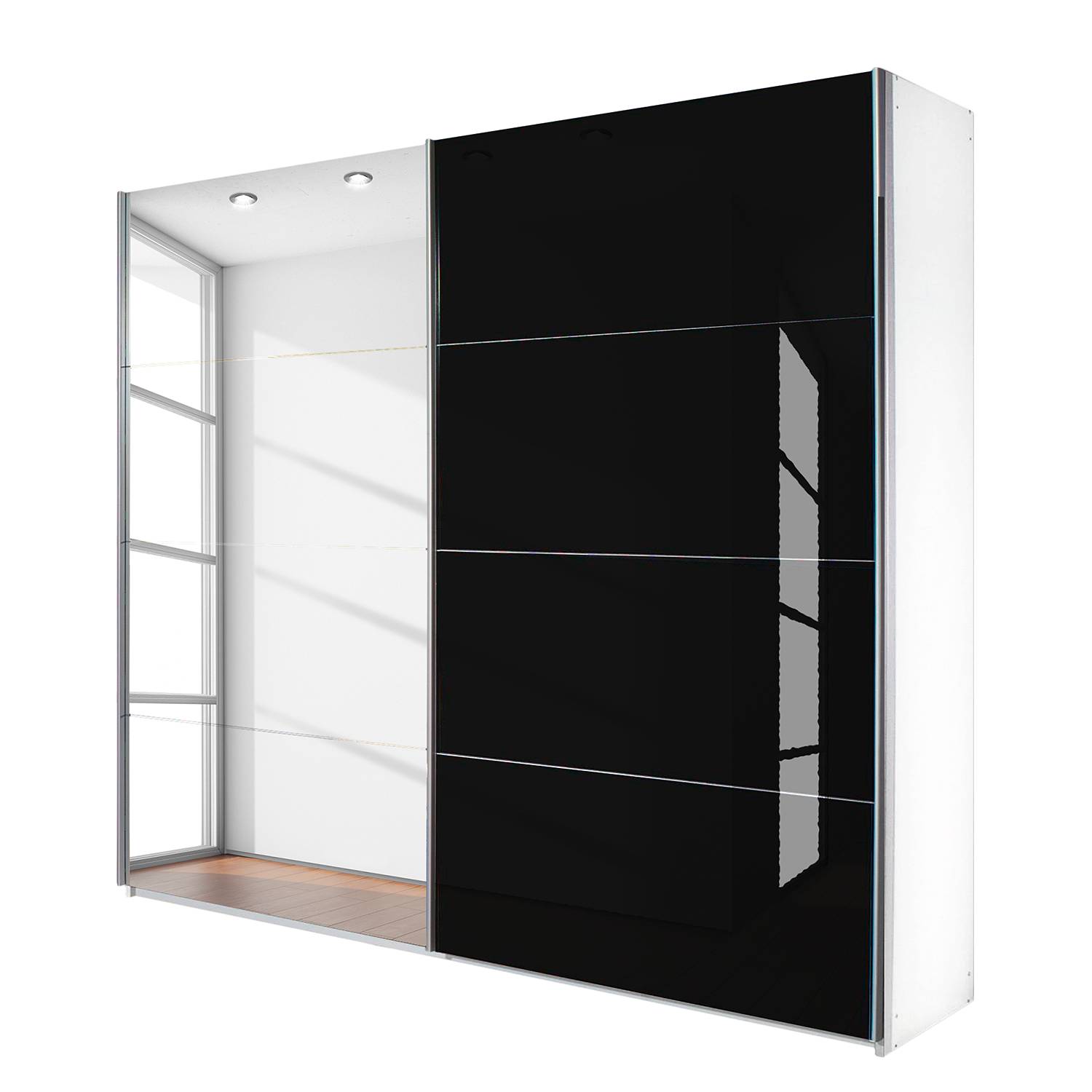 goedkoop Schuifdeurkast Quadra spiegel alpinewit zwart glas BxH 181x210cm Rauch Packs