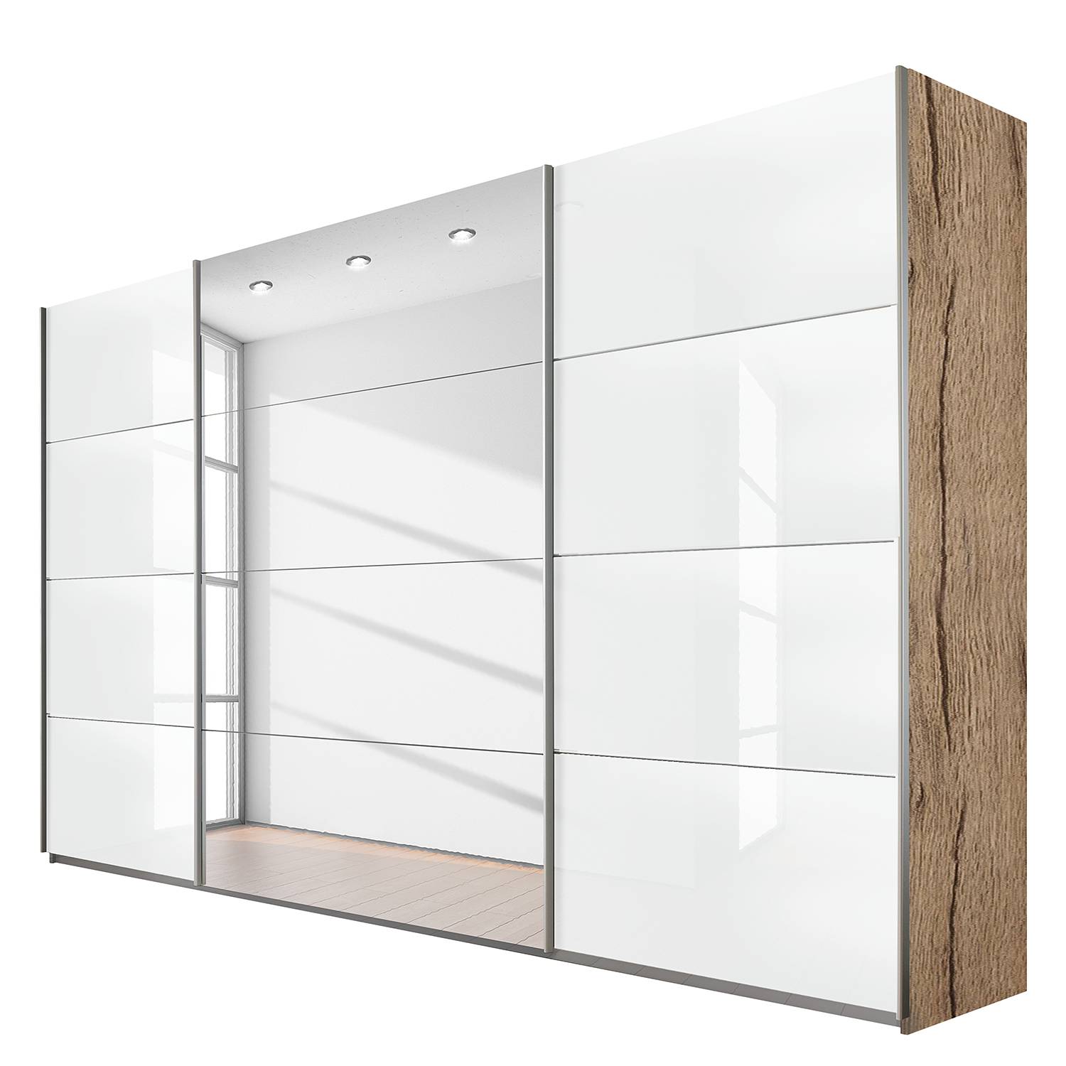 goedkoop Schuifdeurkast Quadra spiegel lichte San Remo eikenhouten look wit glas BxH 315x210cm Rauch Packs