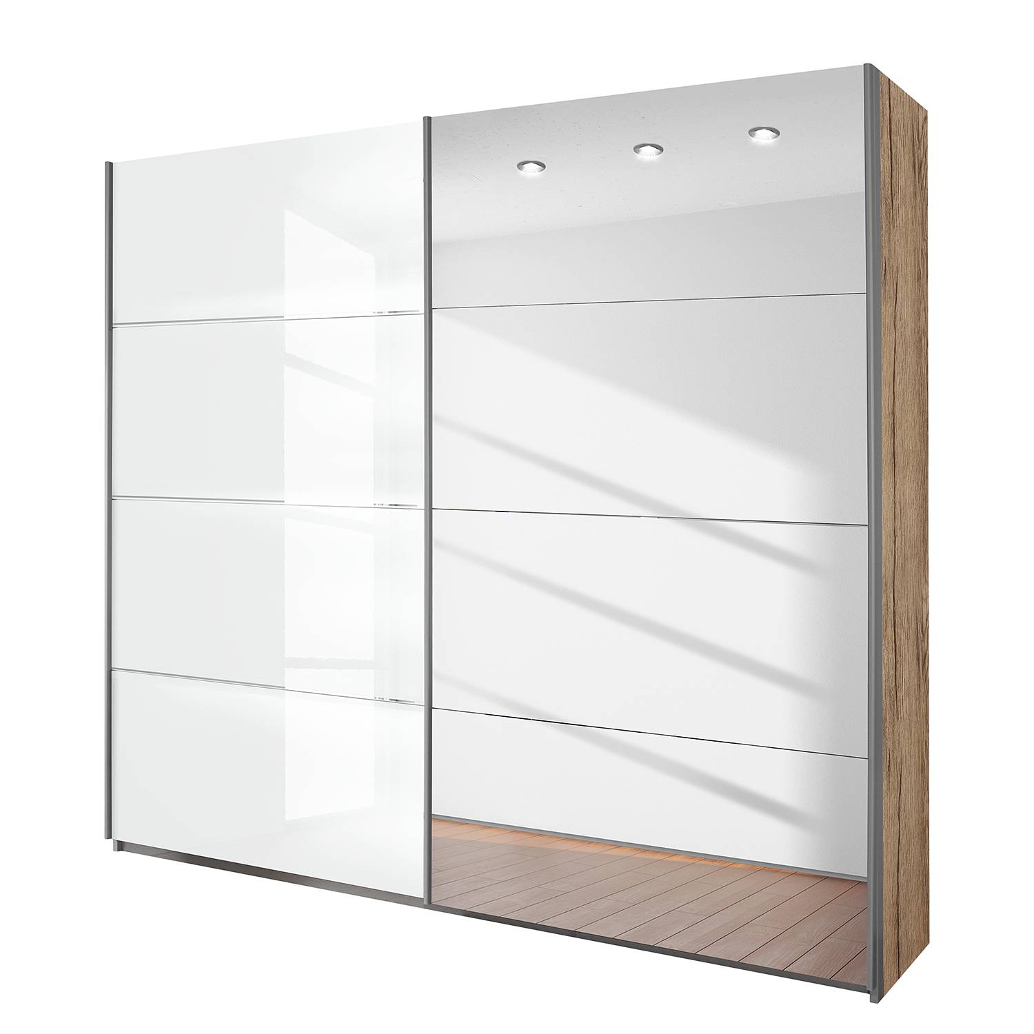 goedkoop Schuifdeurkast Quadra spiegel lichte San Remo eikenhouten look hoogglans wit BxH 271x230cm Rauch Packs