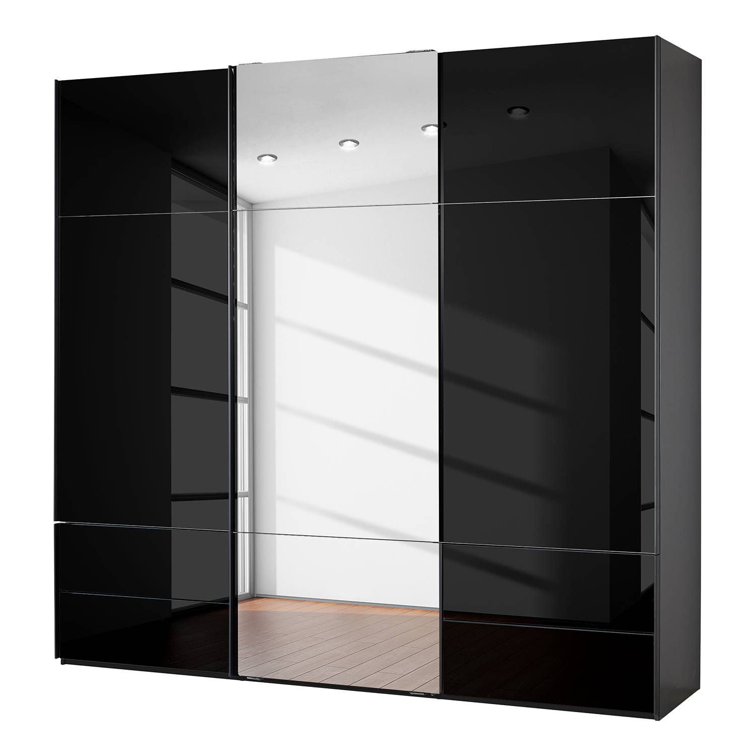 goedkoop Zweefdeurkast Samaya Zwart glas Zwart 242 cm 3 deur 235 cm Met spiegeldeuren Studio Copenhagen