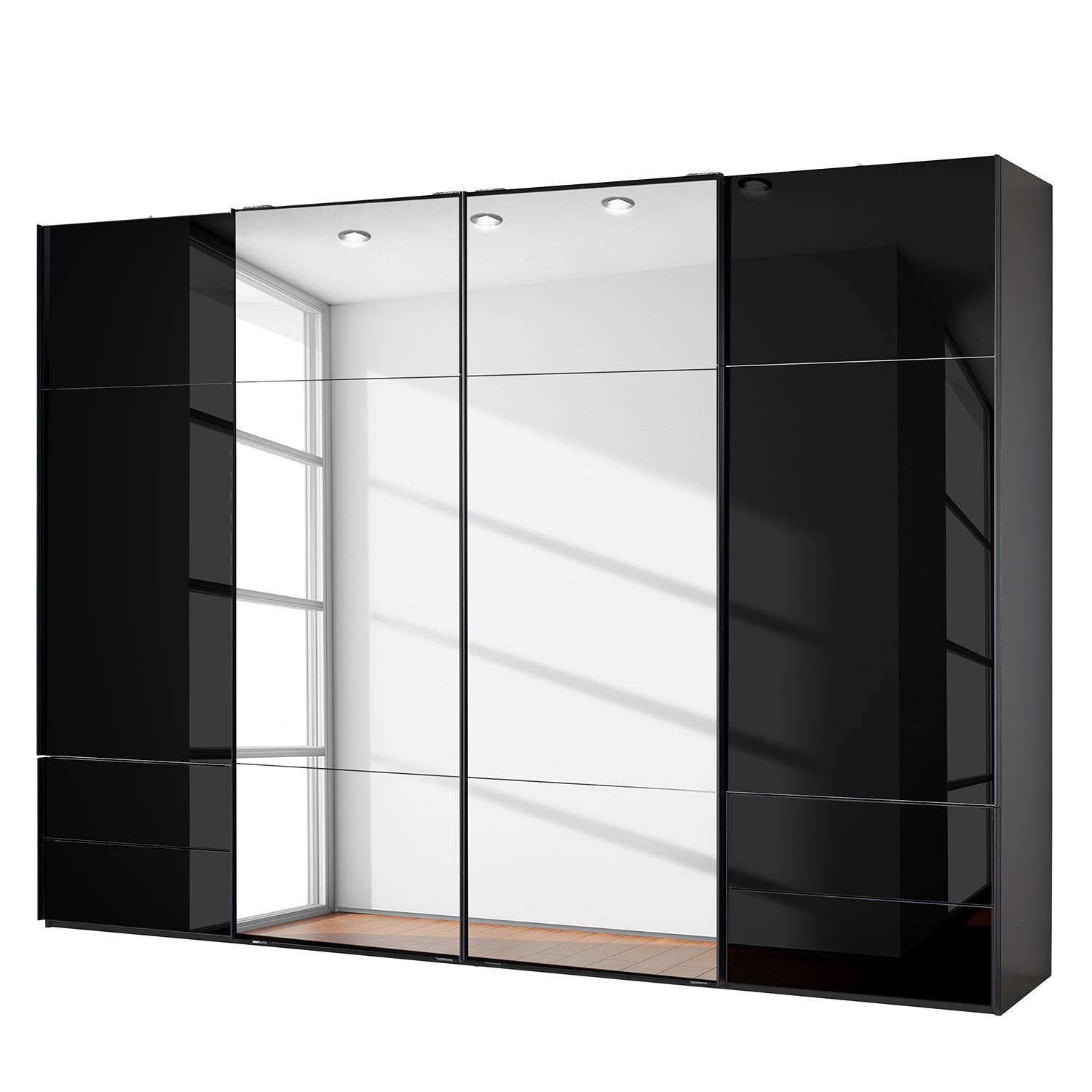 goedkoop Zweefdeurkast Samaya Zwart glas Zwart 322 cm 4 deur 223cm Met spiegeldeuren Studio Copenhagen