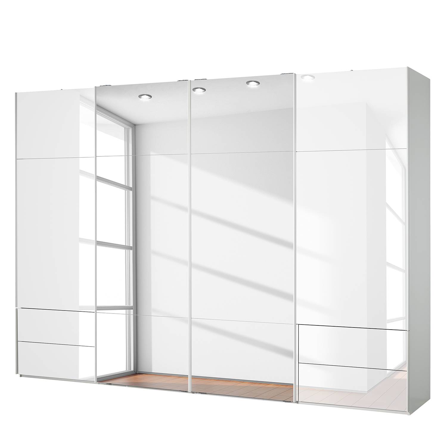 goedkoop Zweefdeurkast Samaya Wit glas wit 322 cm 4 deur 235 cm Met spiegeldeuren Studio Copenhagen