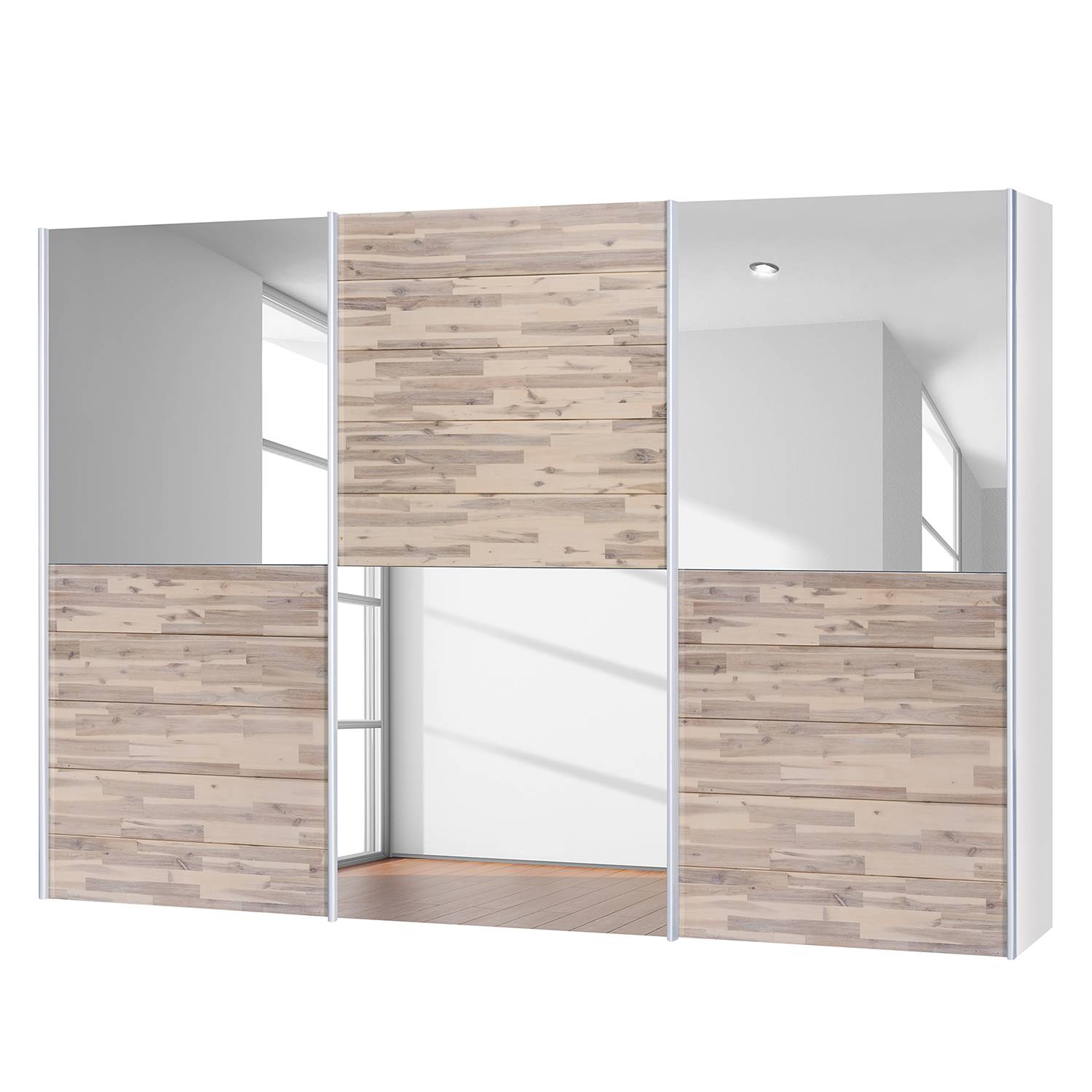 goedkoop Schuifdeurkast Santa Cruz III 3 deurs gedeeltelijk massief acaciahout gebeitst 302cm Neue Modular