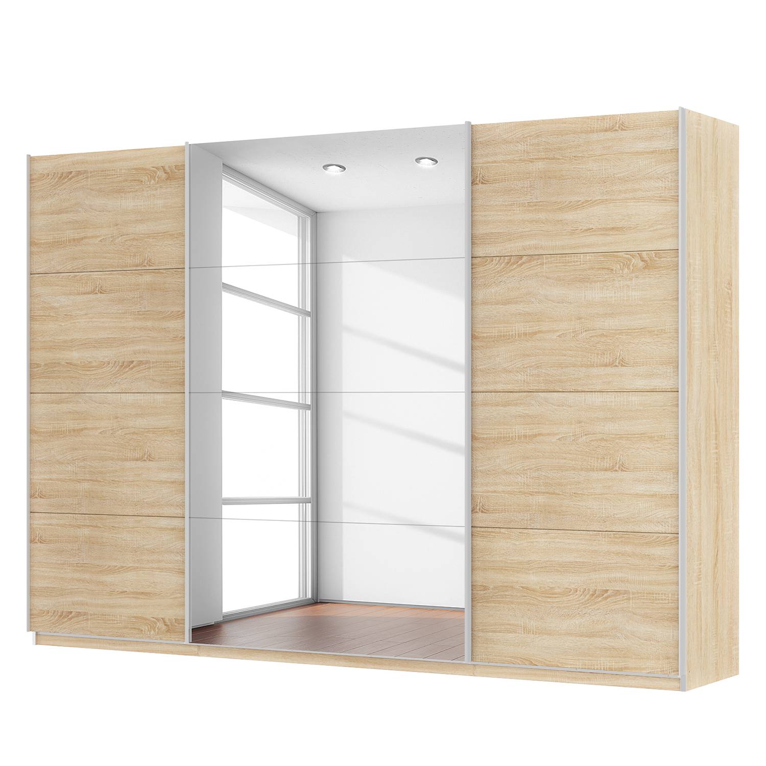 goedkoop Zweefdeurkast Skøp Sonoma eikenhouten look spiegel 315cm 3 deurs 222cm Basic Skop