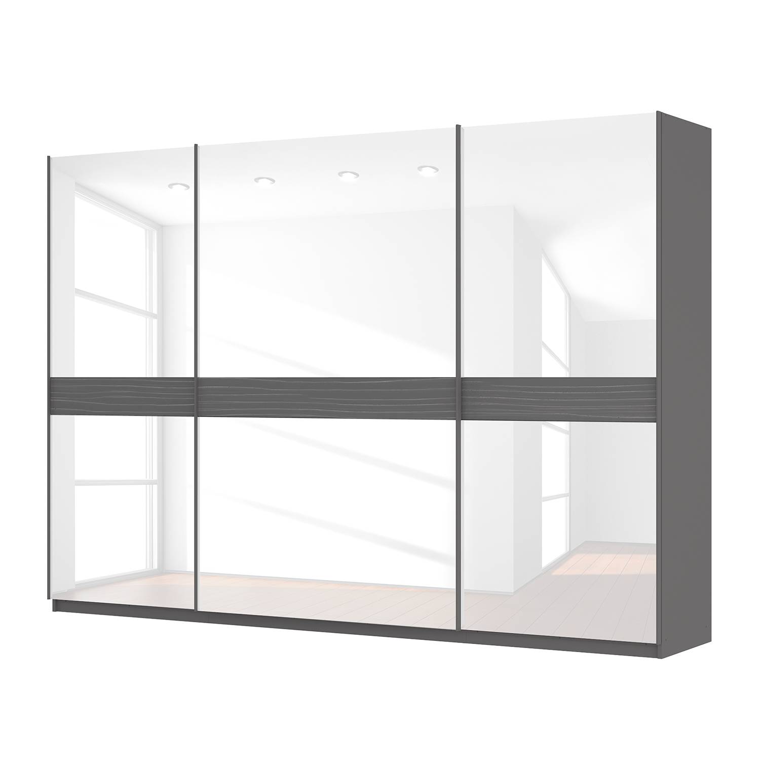 goedkoop Zweefdeurkast Skøp grafietkleurig wit glas 315cm 3 deurs 222cm Premium Skop