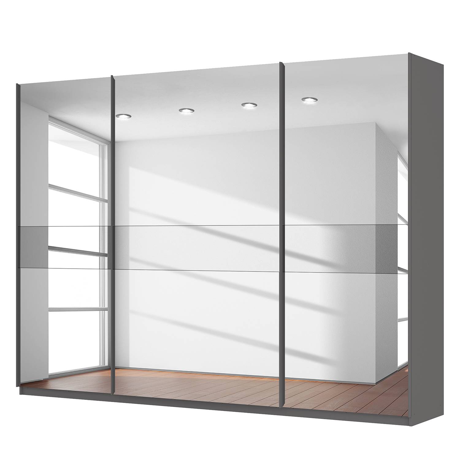 goedkoop Zweefdeurkast Skøp grafietkleurig donker spiegelglas 315cm 3 deurs 236cm Classic Skop