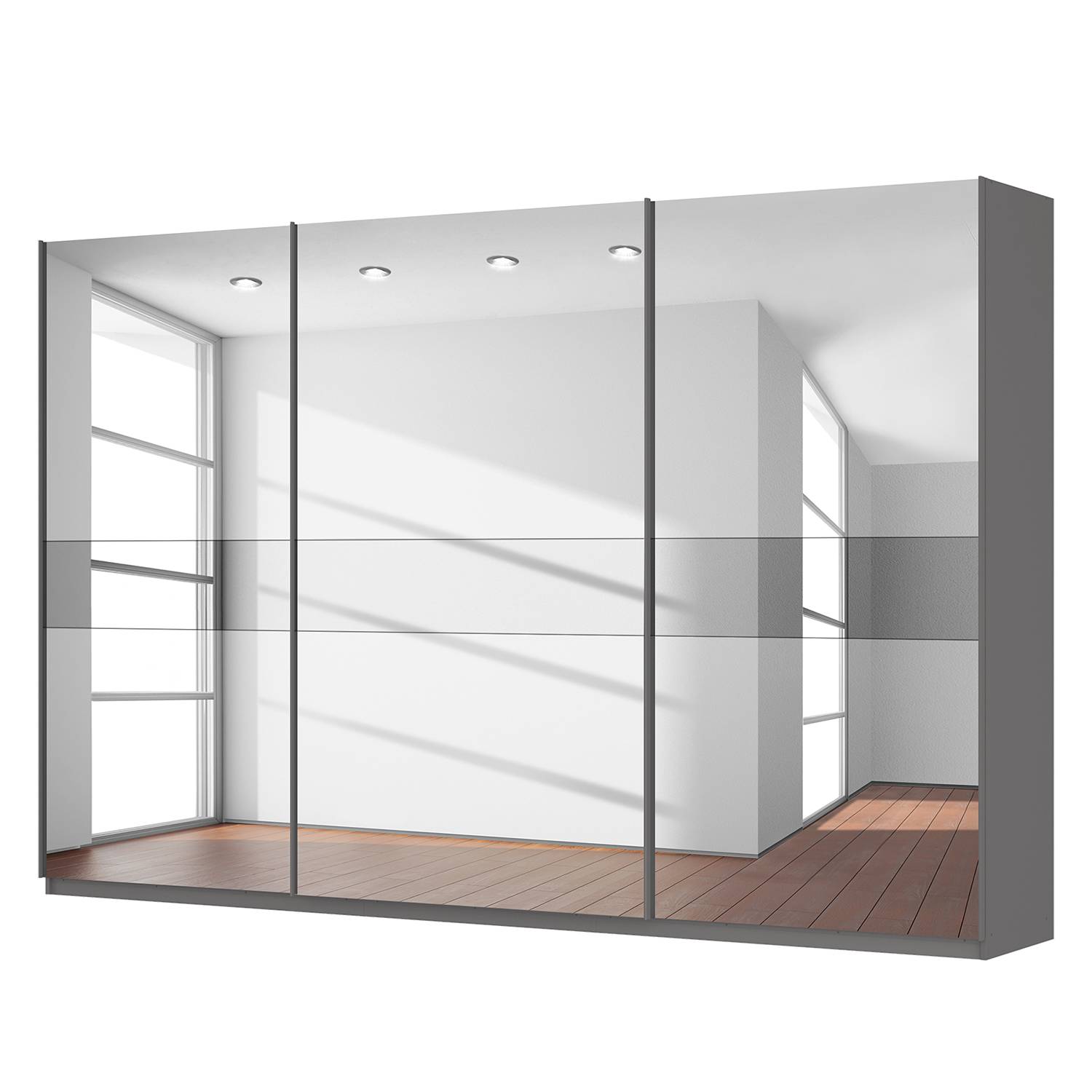 goedkoop Zweefdeurkast Skøp grafietkleurig donker spiegelglas 360cm 3 deurs 236cm Basic Skop