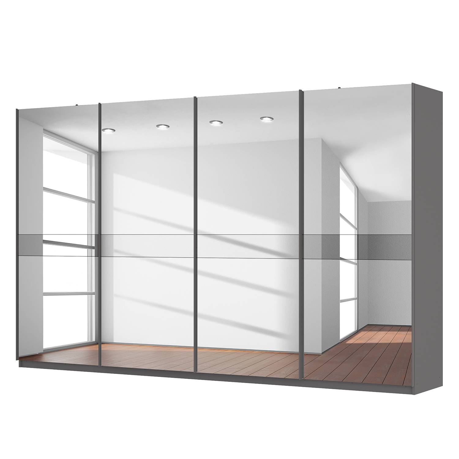 goedkoop Zweefdeurkast Skøp grafietkleurig donker spiegelglas 360cm 4 deurs 222cm Classic Skop