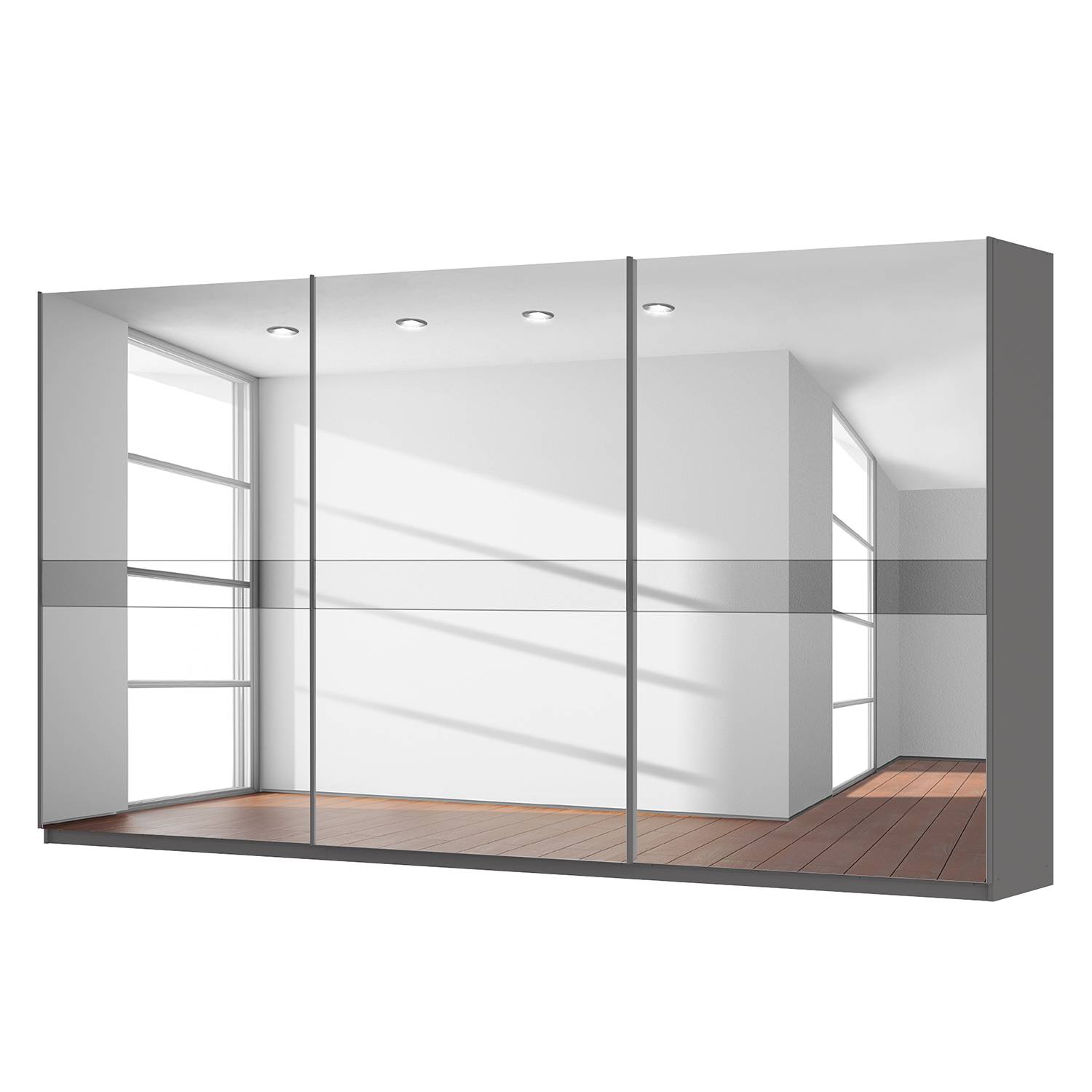 goedkoop Zweefdeurkast Skøp grafietkleurig donker spiegelglas 405cm 3 deurs 222cm Classic Skop
