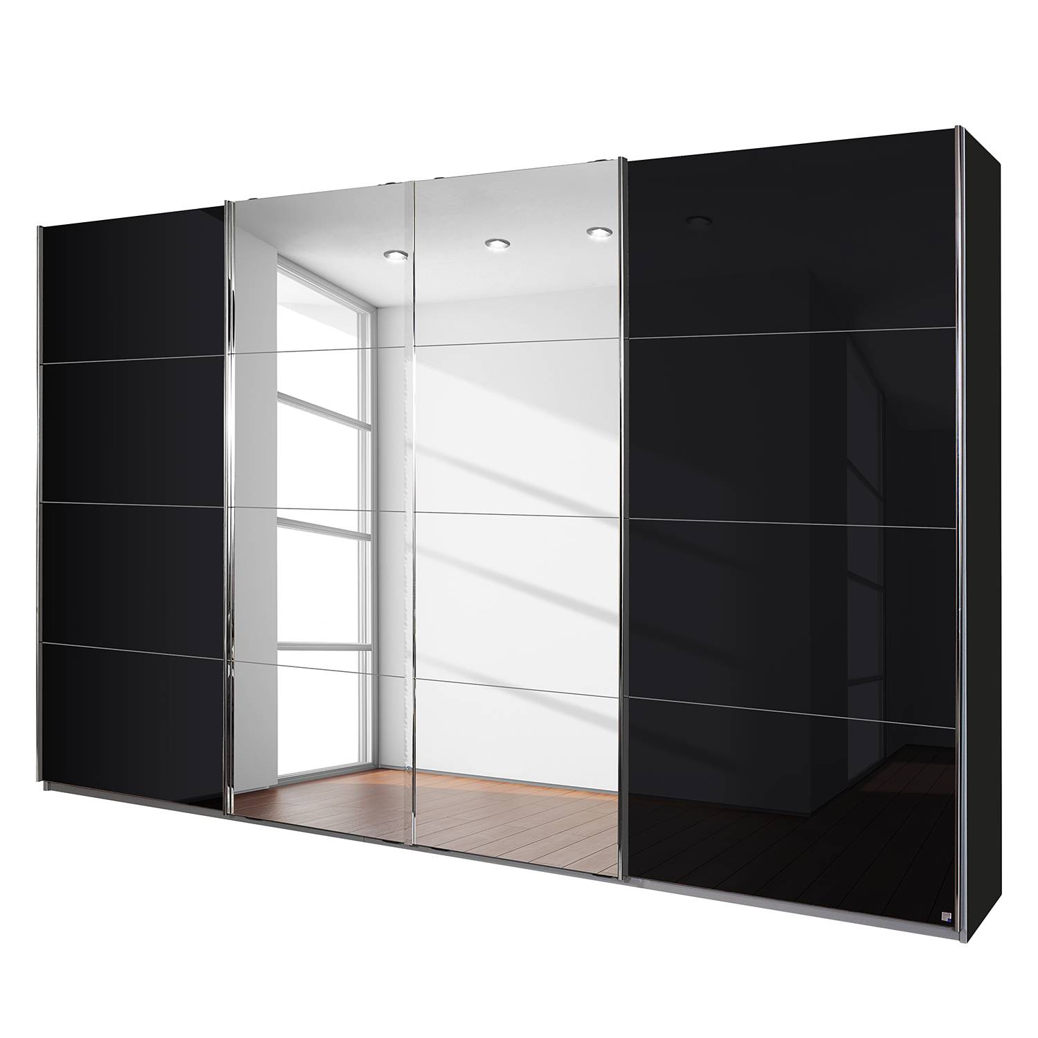 goedkoop Zweefdeurkast Syncrono C I metallic grijs basaltkleurig glas 316 cm 4 deurs 230cm Rauch Packs