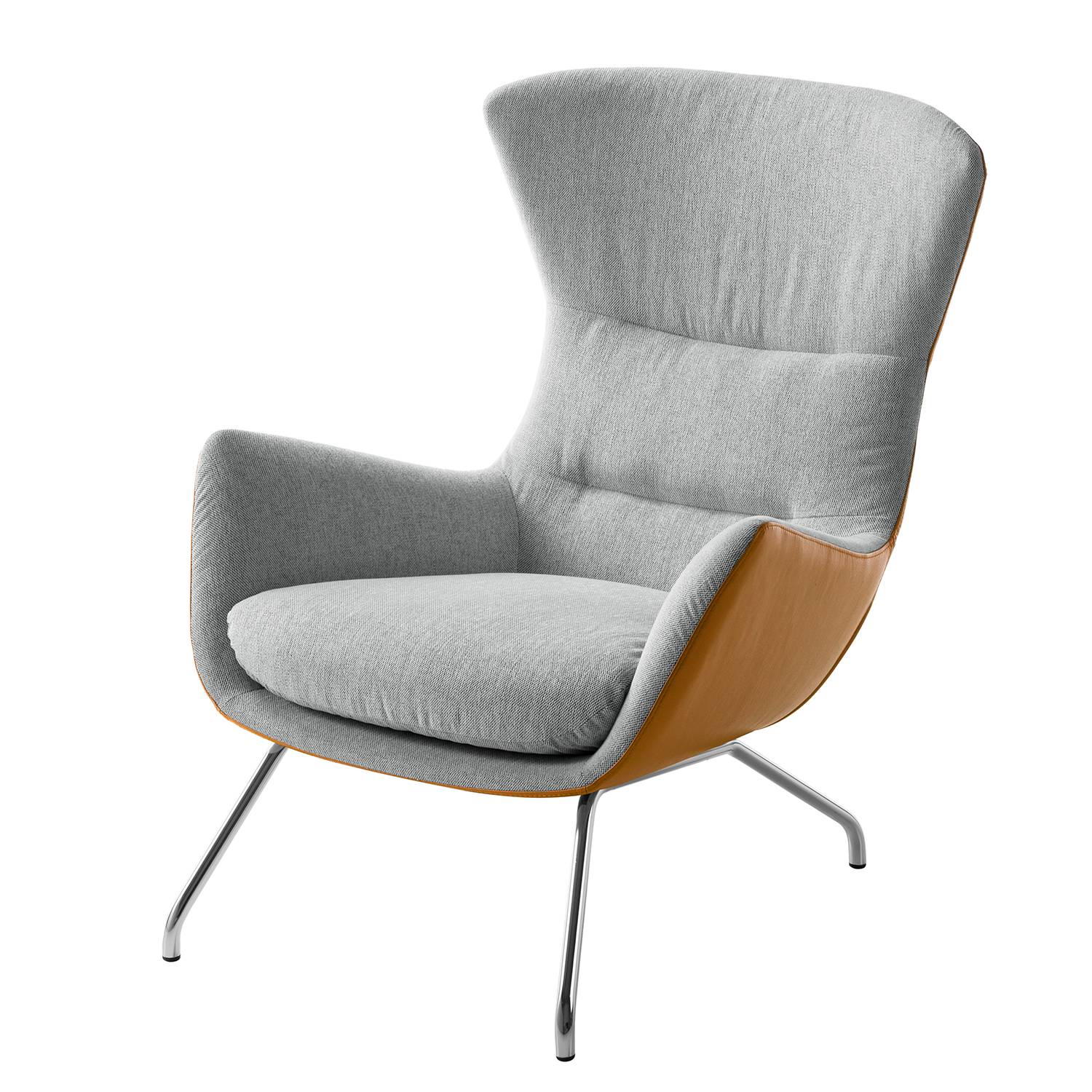 goedkoop Fauteuil Hepburn II geweven stof echt leer Chroom Lichtgrijs Cognackleurig Studio Copenhagen