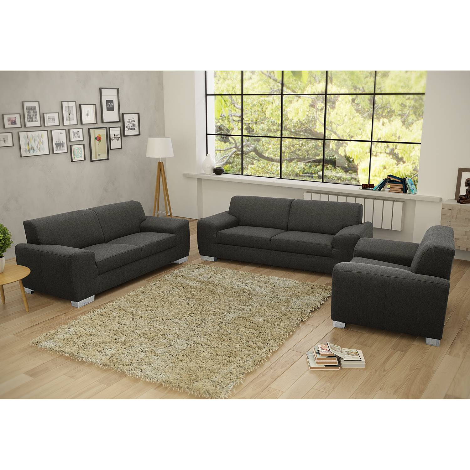 home24 Fredriks Sofa Bollon 3-Sitzer Dunkelgrau Webstoff 224x81x95 cm