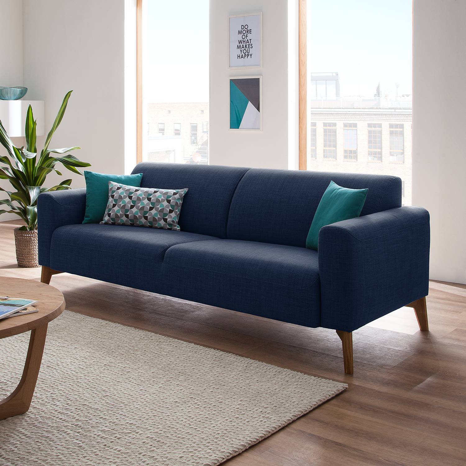 home24 Studio Copenhagen Sofa Bora II 3-Sitzer Dunkelblau Webstoff 215x78x86 cm