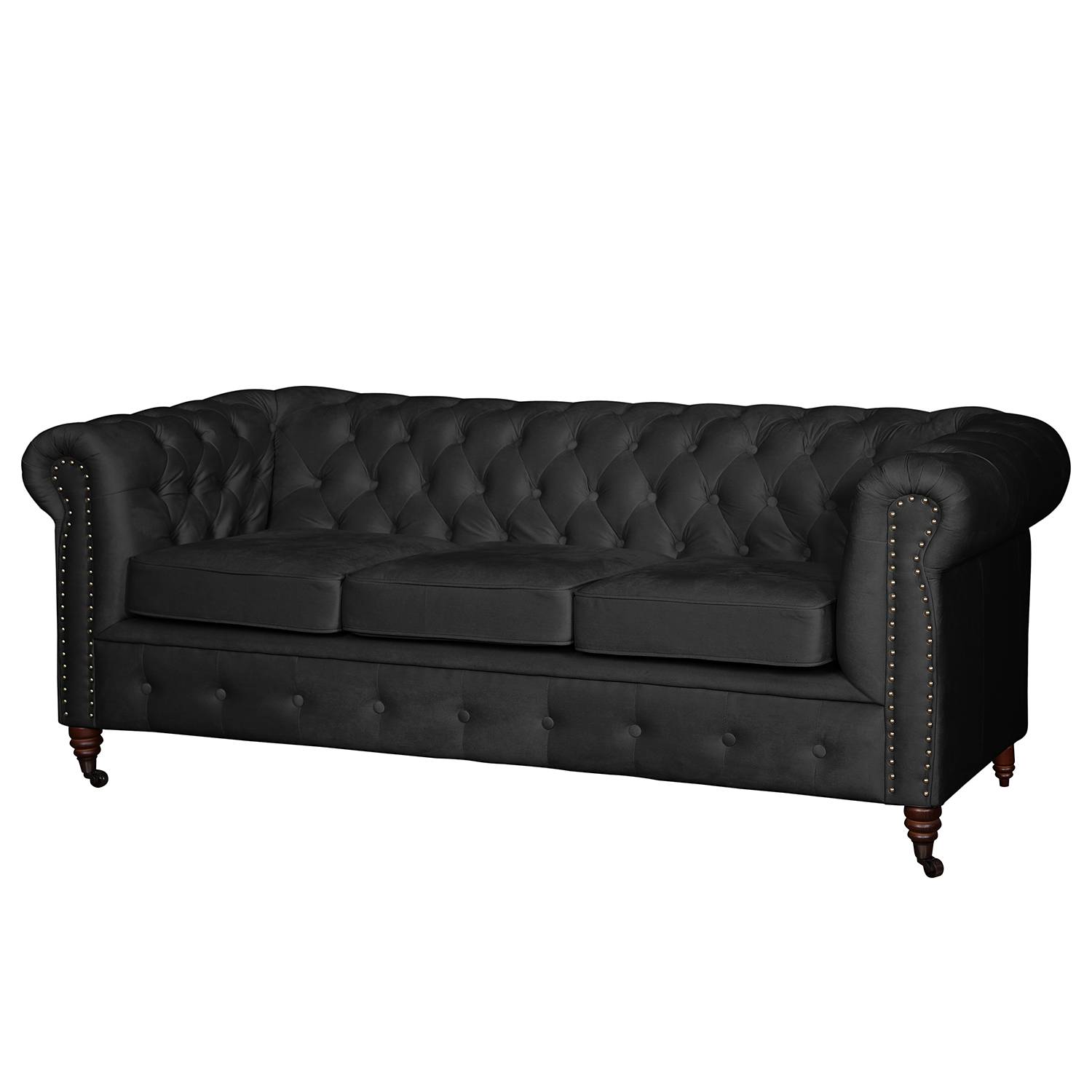 home24 Jack & Alice Sofa Esplanada 3-Sitzer Schwarz Samt 203x77x86 cm