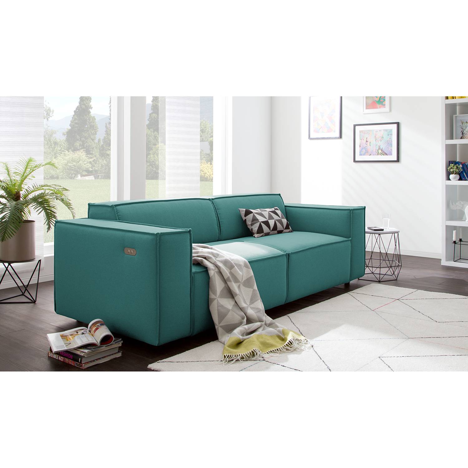 home24 Sofa Kinx 2,5-Sitzer Petrol Strukturstoff 223x70x96 cm (BxHxT) Modern