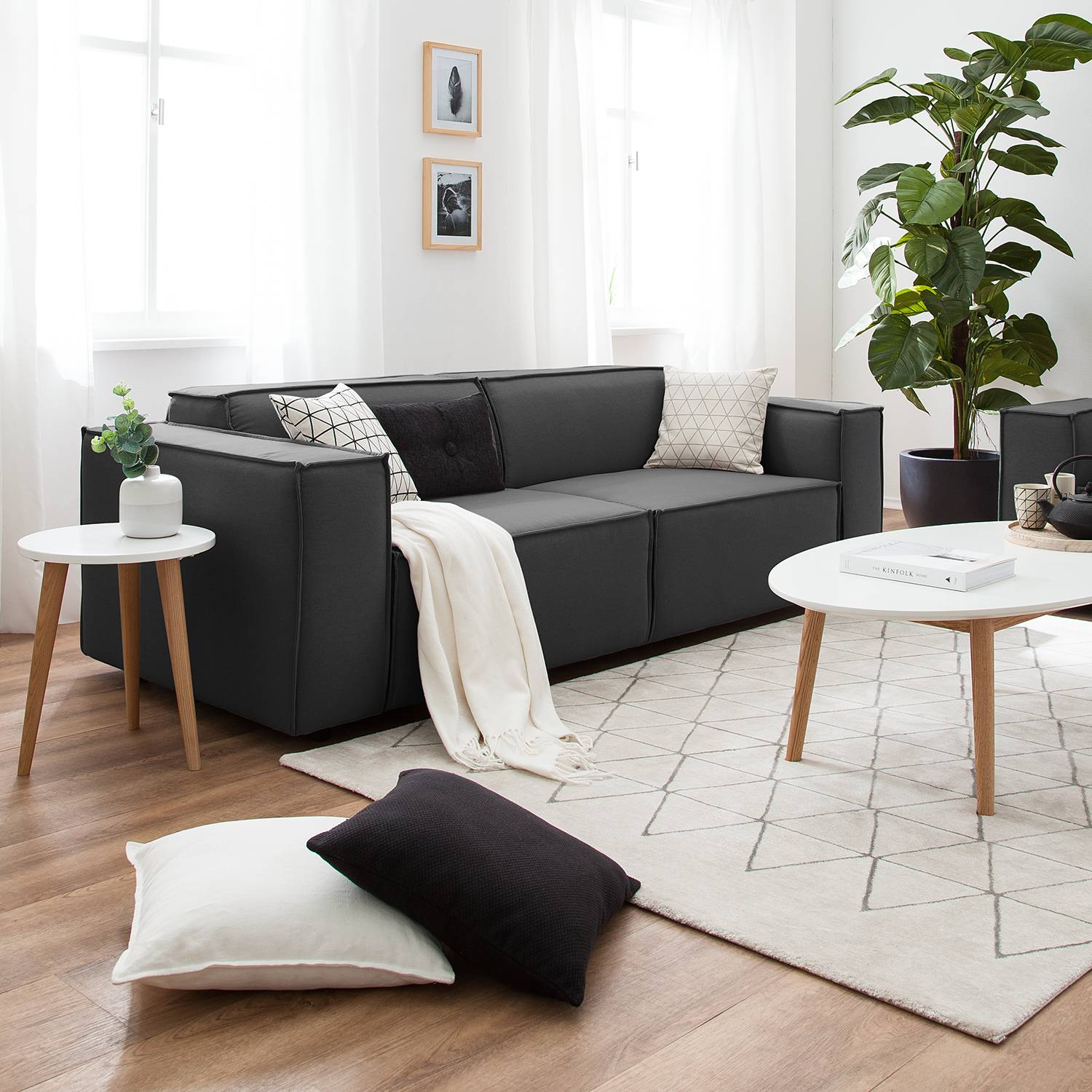 home24 Sofa Kinx 2,5-Sitzer Anthrazit Strukturstoff 223x72x96 cm (BxHxT) Modern