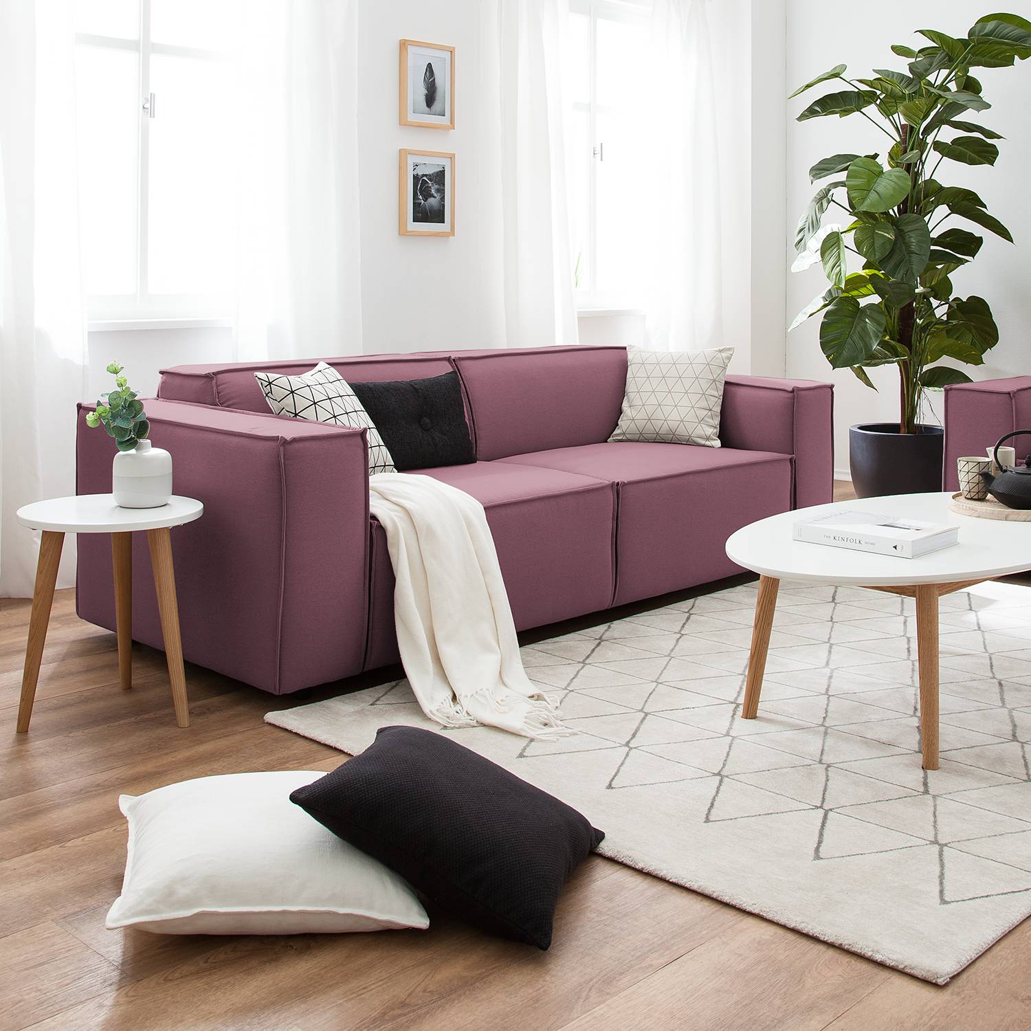 home24 Sofa Kinx 2,5-Sitzer Flieder Strukturstoff 223x72x96 cm (BxHxT) Modern