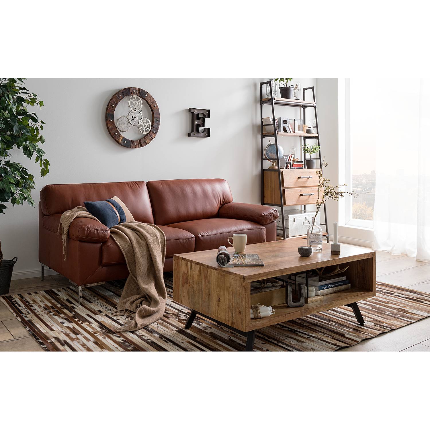 home24 ars manufacti Sofa Parlin 3-Sitzer Cognac Echtleder 205x82x95 cm (BxHxT) Industrial