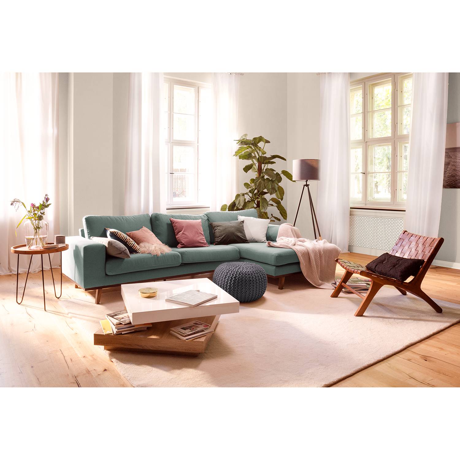 home24 twentyfour Strickpouf Edson Dunkelgrau Webstoff 55x37x55 cm (BxHxT) Skandi