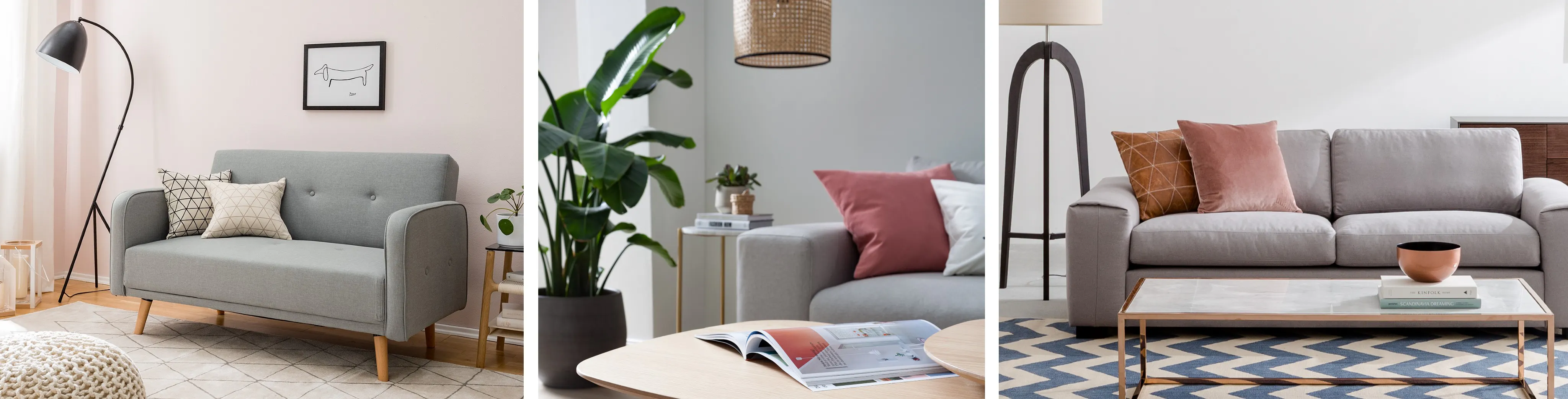 Wohnzimmer mit grauem Sofa in hellen Farben eingerichtet