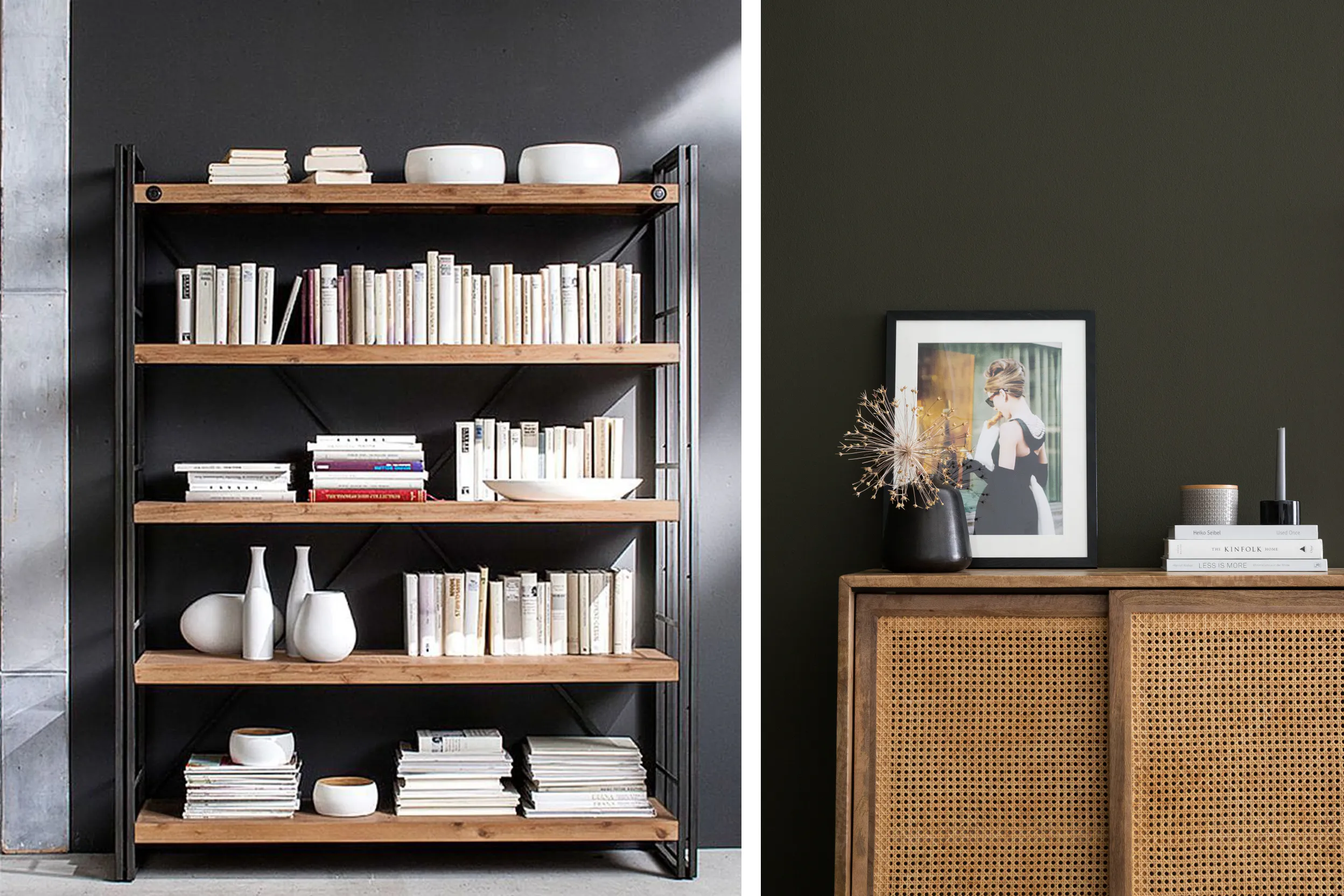 Mur noir avec une bibliothèque en bois et métal noir avec des livres et des accessoires décoratifs blancs, un petit tableau d'une femme et un petit vase noir