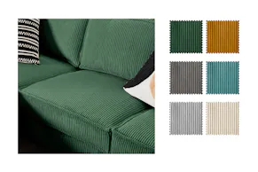 Montage présentant le revêtement Poppy en velours côtelé pour la série Fort Dodge, par kollected, dans ses coloris vert, bleu pétrole, jaune moutarde, beige, gris clair et gris foncé, pour un style bohème ou rétro.