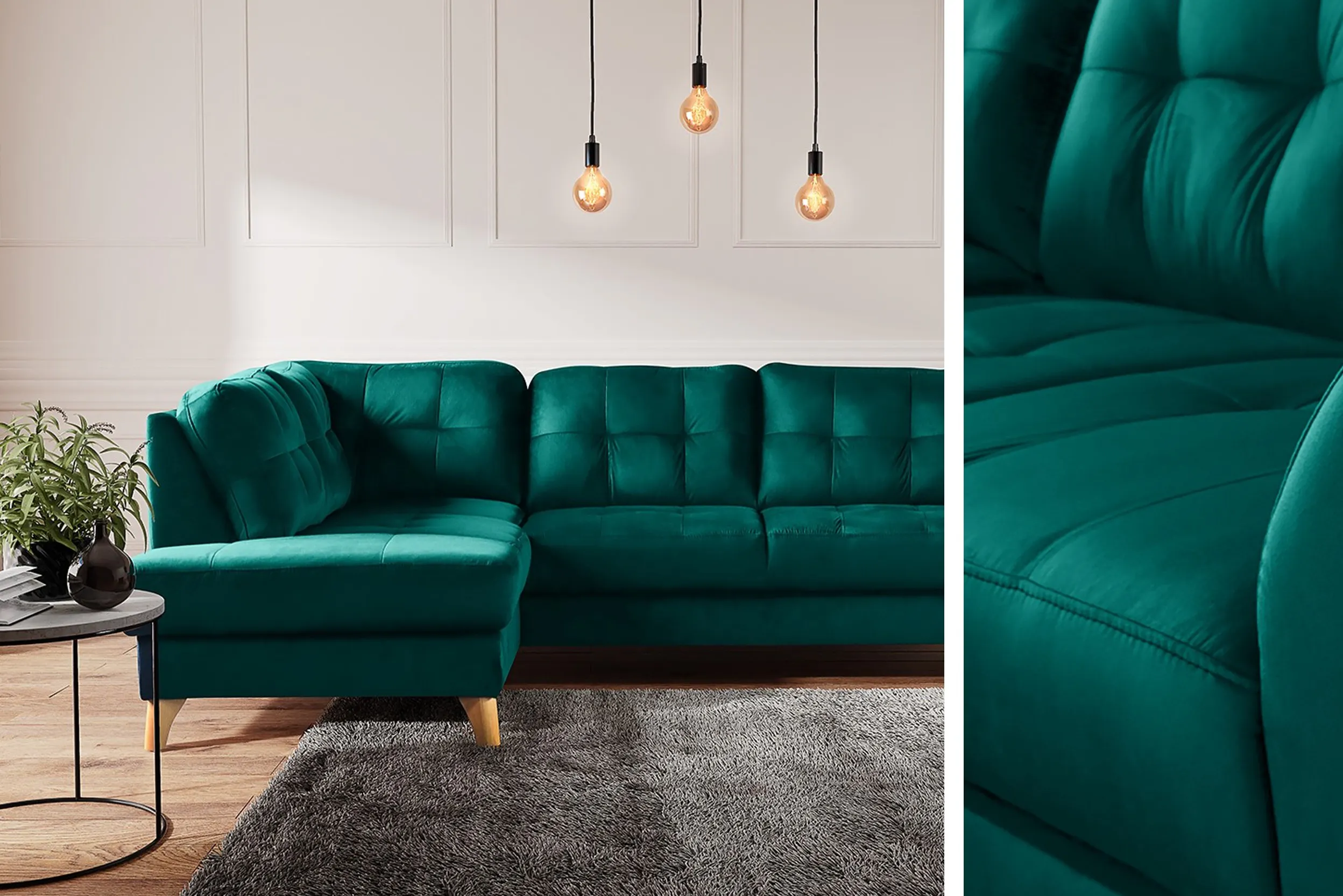 Grünes Sofa und edle Pendellampen
