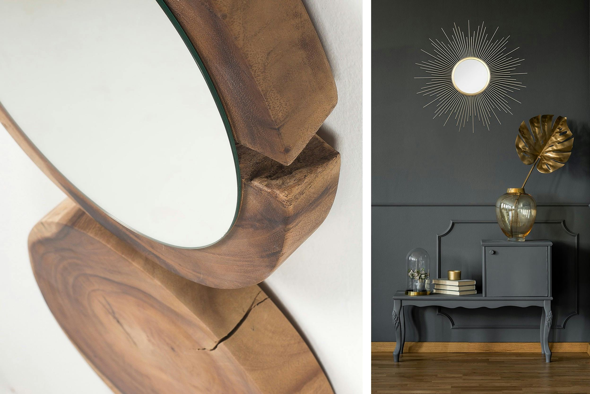 Dekospiegel mit Rahmen aus Massivholz (links) und Spiegel "Sun" mit goldenen, strahlenförmigen Metallstäben drum herum (r.).