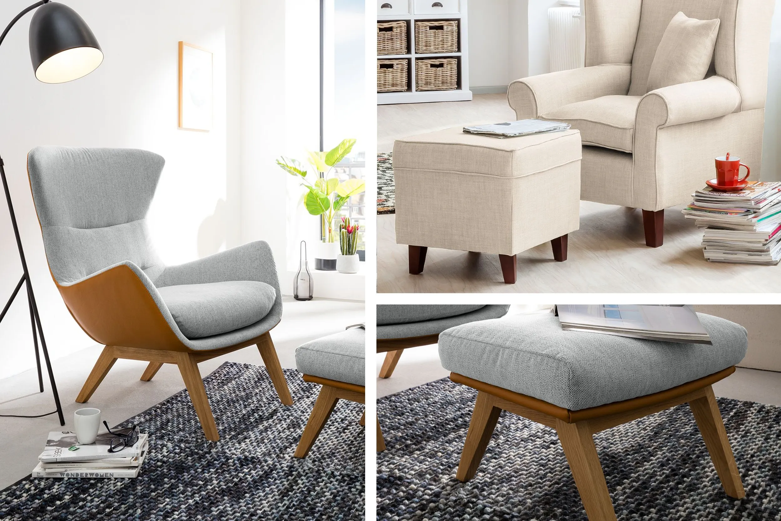 Heller Sessel mit Fußhocker und Magazinstapel sowie grauer Sessel mit Leselampe und Hocker