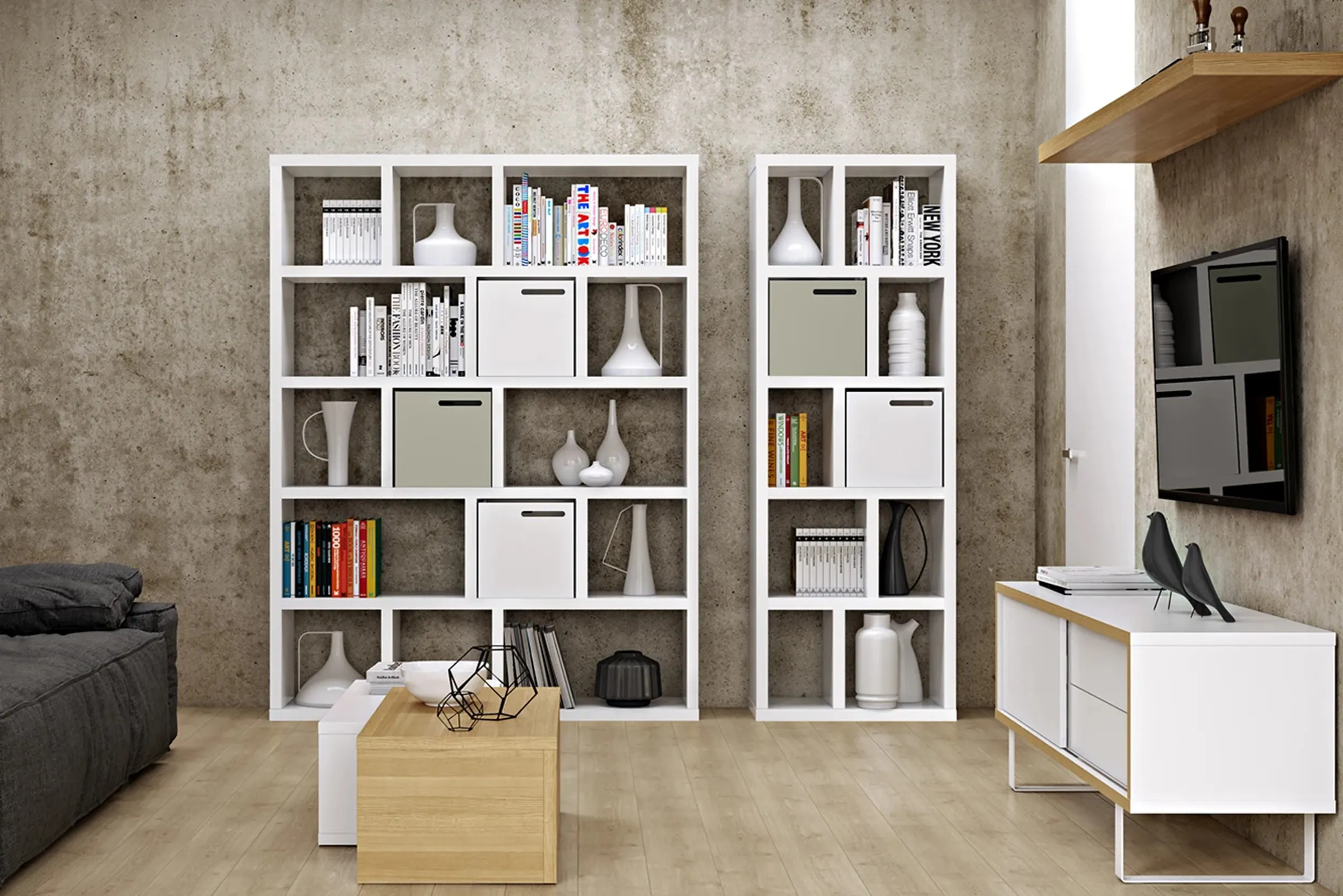 Libreria a parete bianca con cassetti.