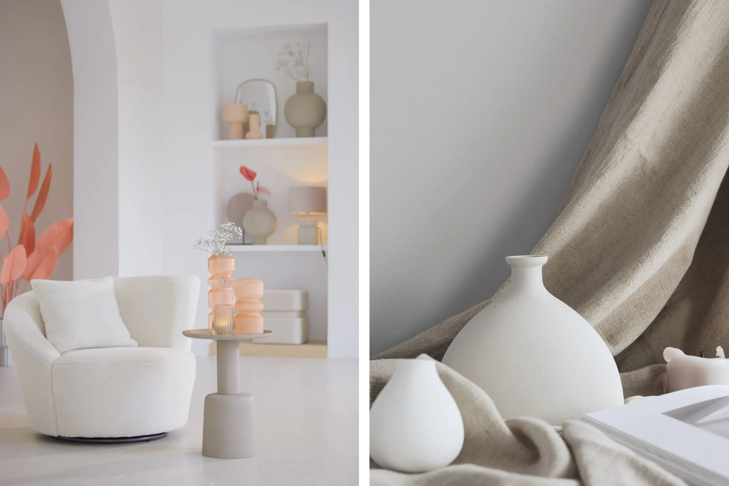 Links: runder Sessel mit rundem Beistelltisch vor einem Regal, rechts: runde Vasen mit Kerze