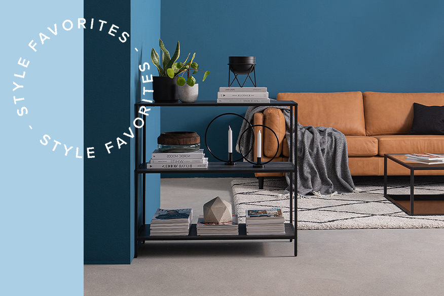 Offenes, schwarzes Regal als dekorativer Raumteiler im Wohnzimmer sowie als Badregal, in dem sich eine graue Katze versteckt hat