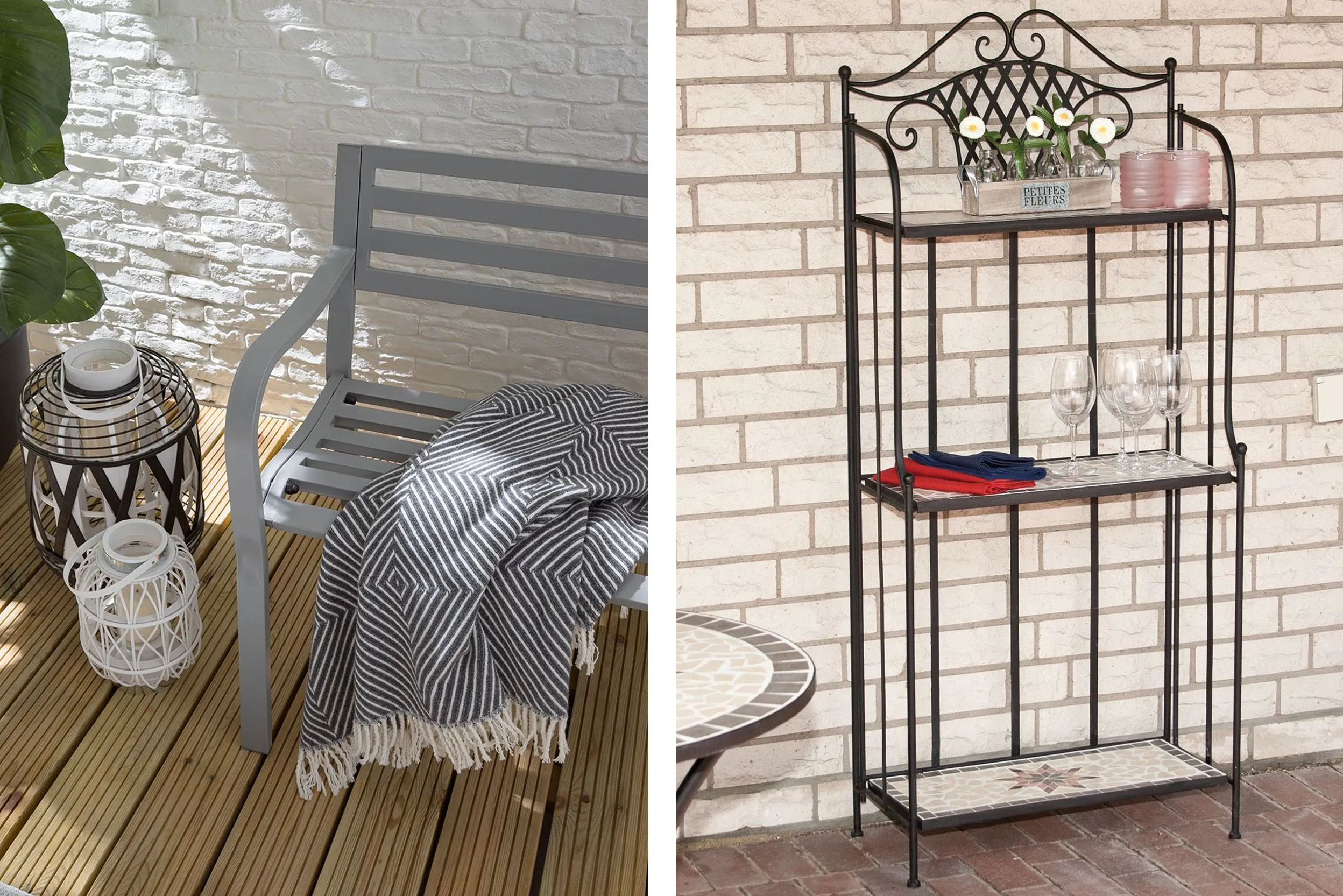 Graue Gartenbank mit Kuscheldecke und filigranes Regal von home24