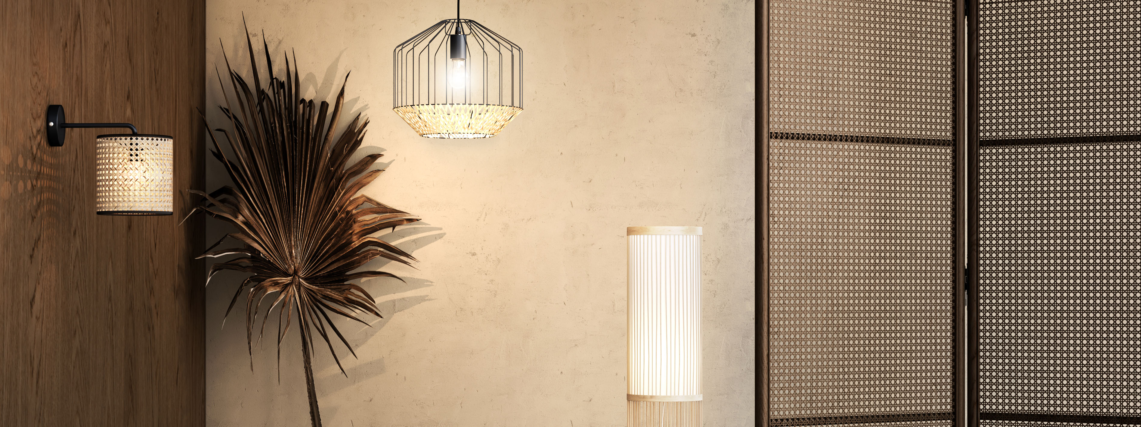 Ensemble verschiedener Pendellampen und Leuchten im asiatisch inspirierten Design mit Japandi-Einflüssen aus Materialien wie Papier, Holz oder Bambusgeflecht.