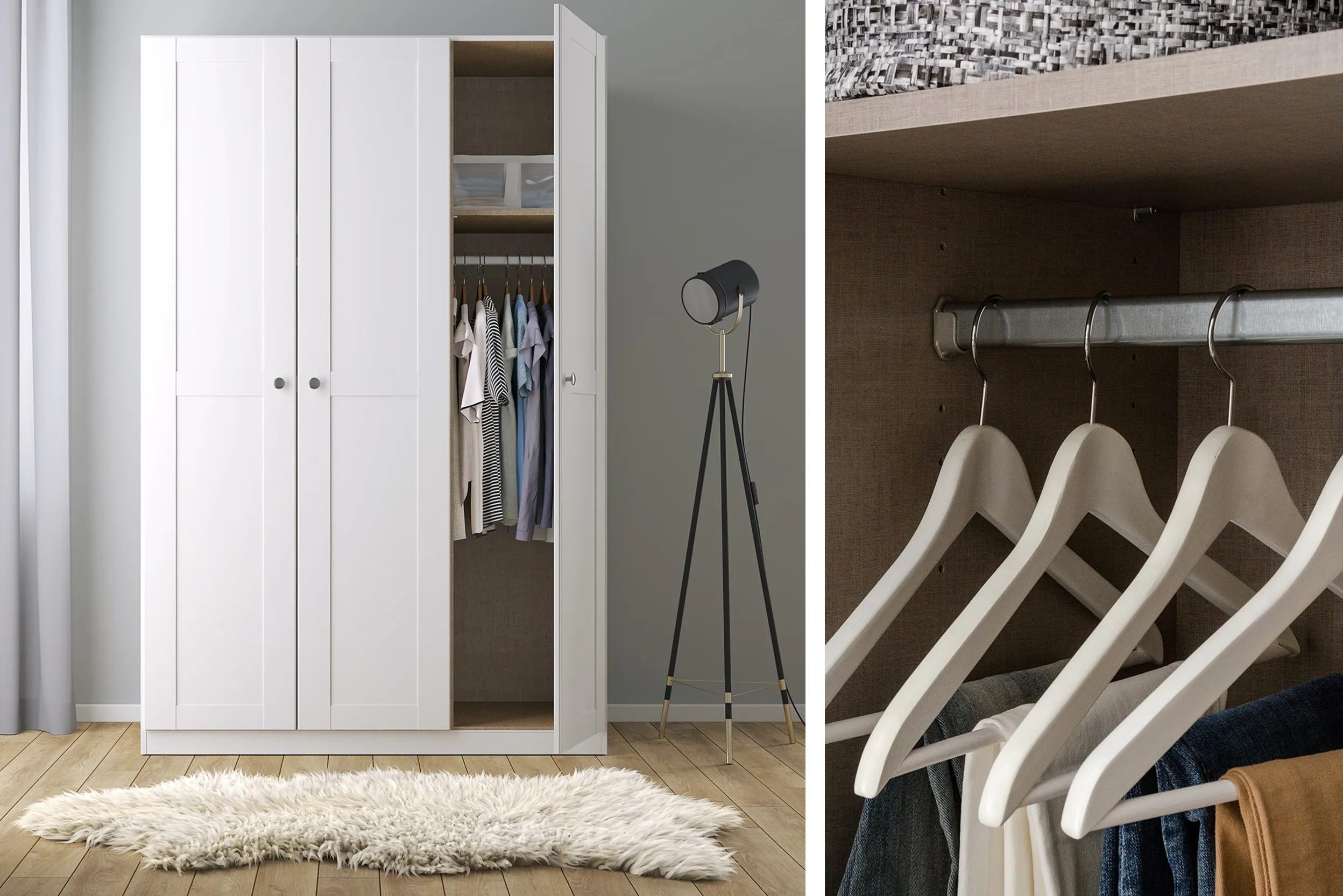 Links: Dreitüriger Kleiderschrank in Weiß, rechts: Detail des Innenraums mit Box und Kleiderbügeln