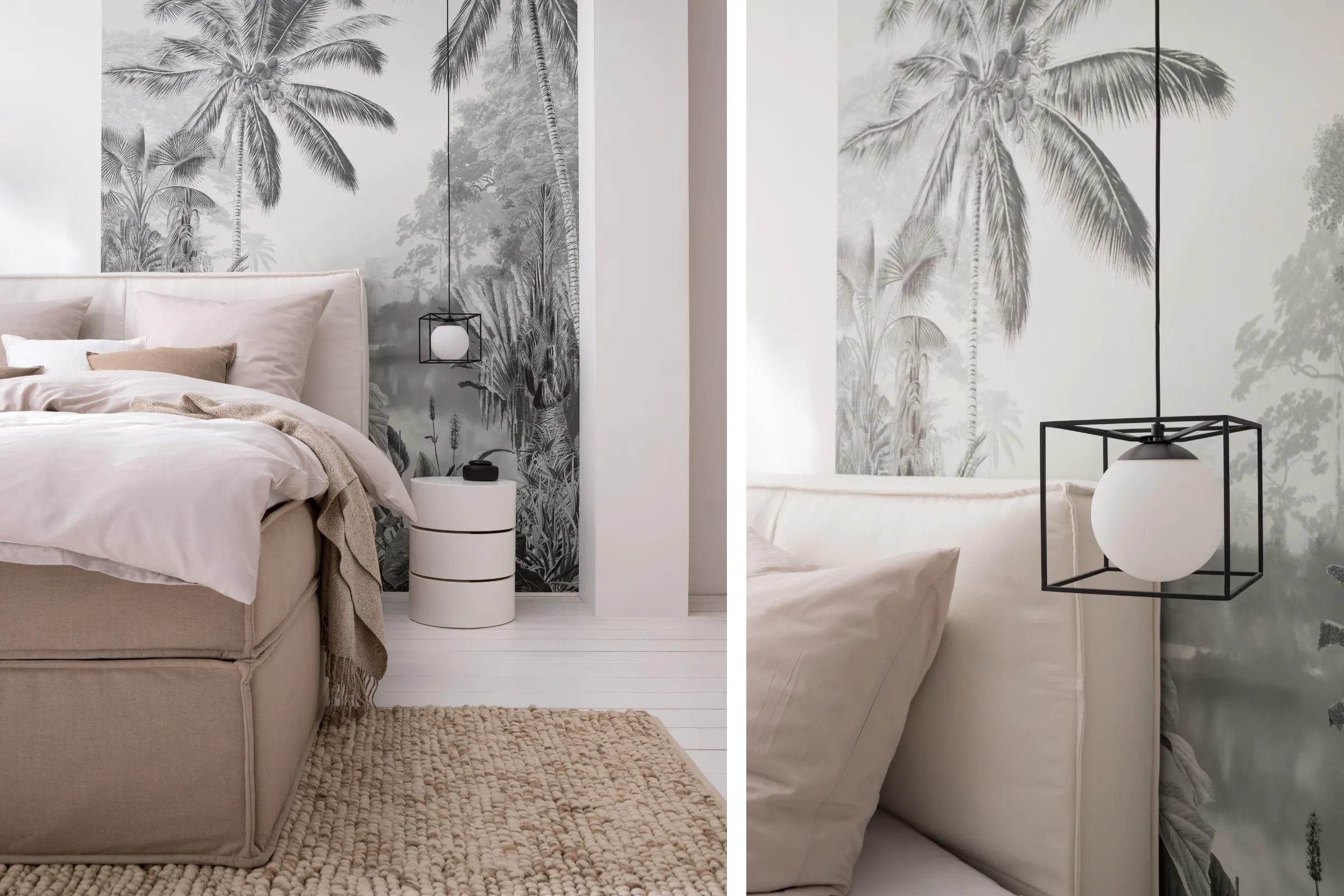 Schlafzimmer in Pastellrosa kombiniert mit moderner Pendelleuchte in Schwarz