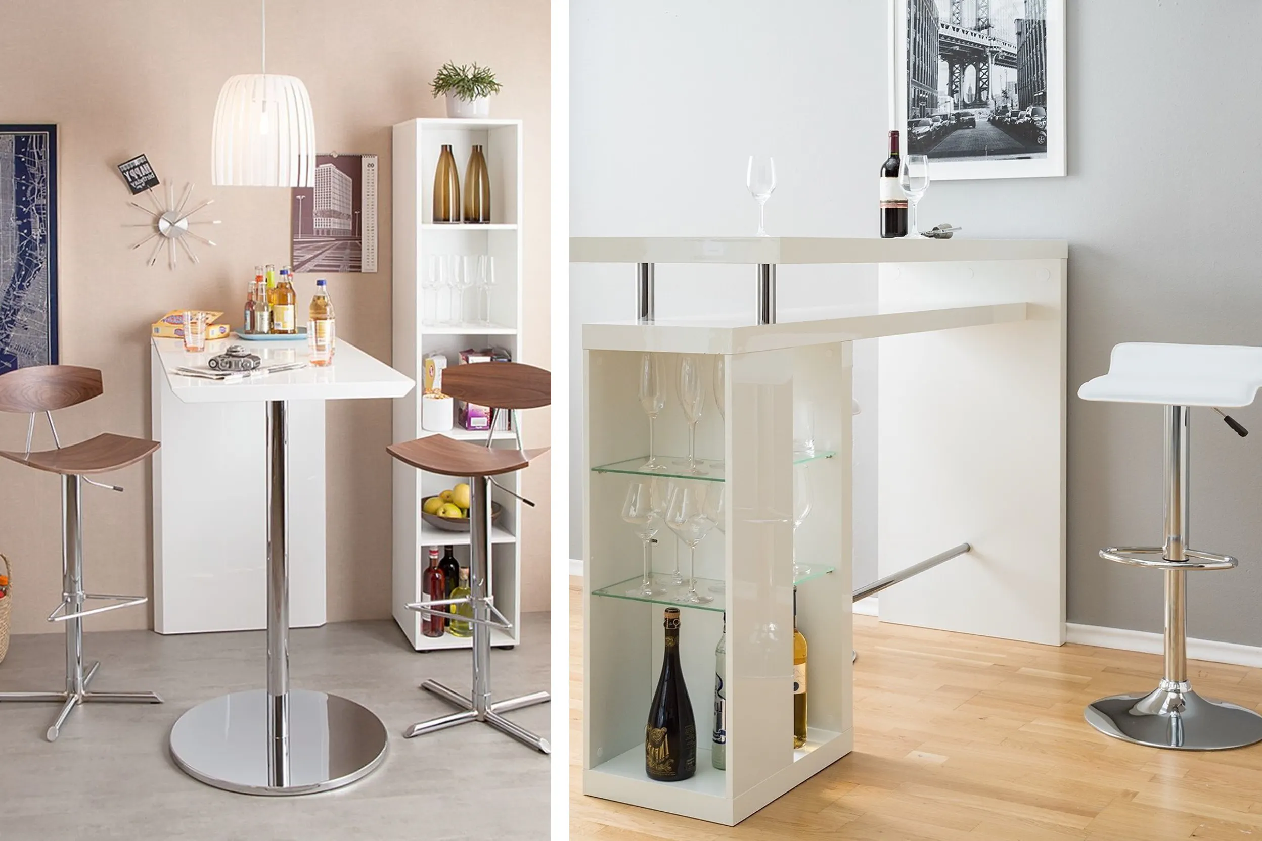 Zwei moderne weiße Bartische mit Wangengestell (auf einer Seite) und moderne Hochstühle (drehbar) mit Trompetenfuß