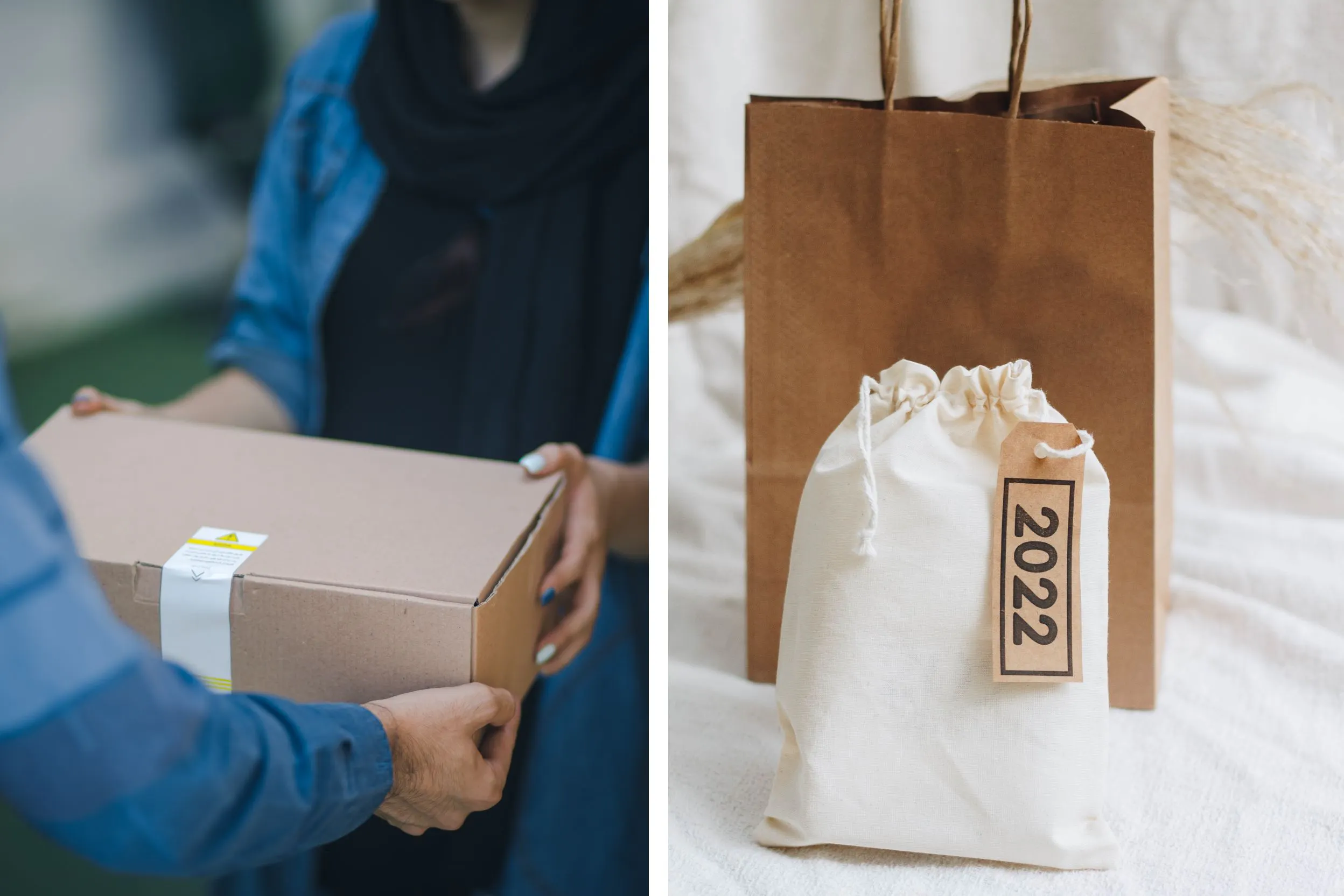 Deux images de livraison, l'une avec deux personnes et une boite en carton, et l'autre, un sac en papier et un sac en tissu avec une étiquette "2022"