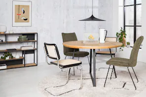 Esszimmer bestehend aus Freischwingern mit Wiener Geflecht und Stühlen aus Chenille-Stoff, dazu Regale im Industrial-Stil, ein weißer Teppich, eine schwarze Pendelleuchte sowie ein Wandbild und Deko.