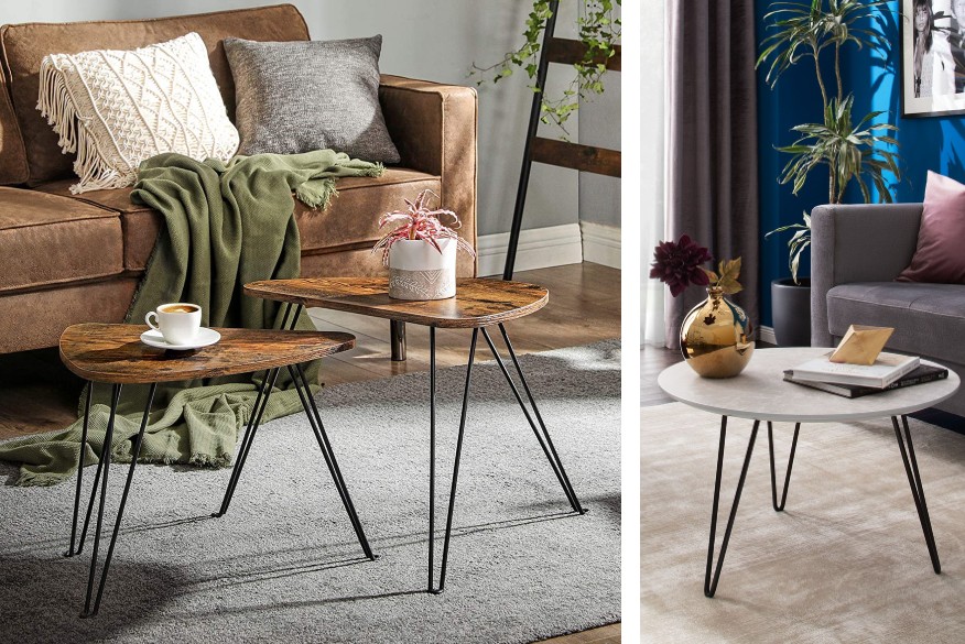 Tre tavolini con gambe a forcina (hairpin legs) in salotto: set tavolini in stile industriale e tavolino con piano di marmo