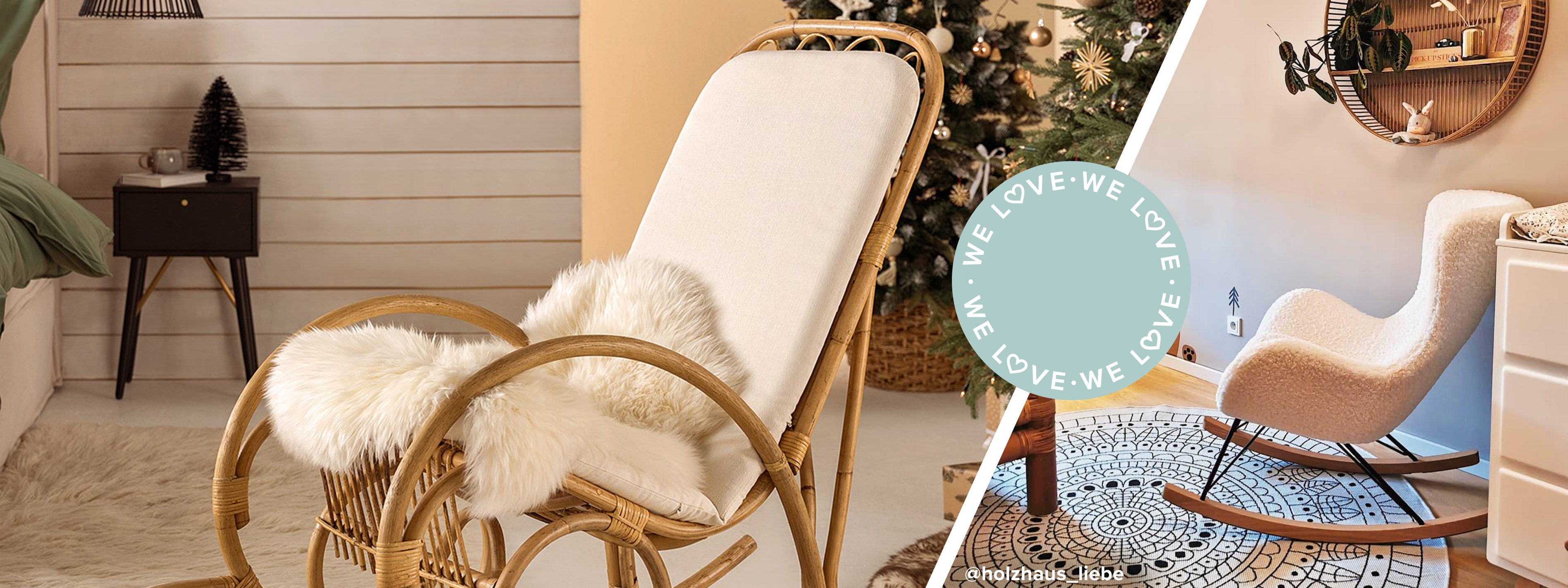 Een schommelstoel van bouclé, een ladekast in de Scandi-stijl en een bijzettafel met een tafelblad in marmeren look; daarnaast een foto van een kinderkamer met een schommelstoel van wit bouclé, plus twee witte ladekastjes, een rond vloerkleed en decoratie.