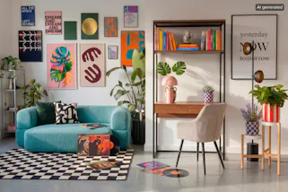 Bild ist KI-generiert. Offen gestalteter Arbeitsplatz mit einem kompakten Schreibtischregal sowie einem Klappsofa für Gäste oder Kreativpausen.