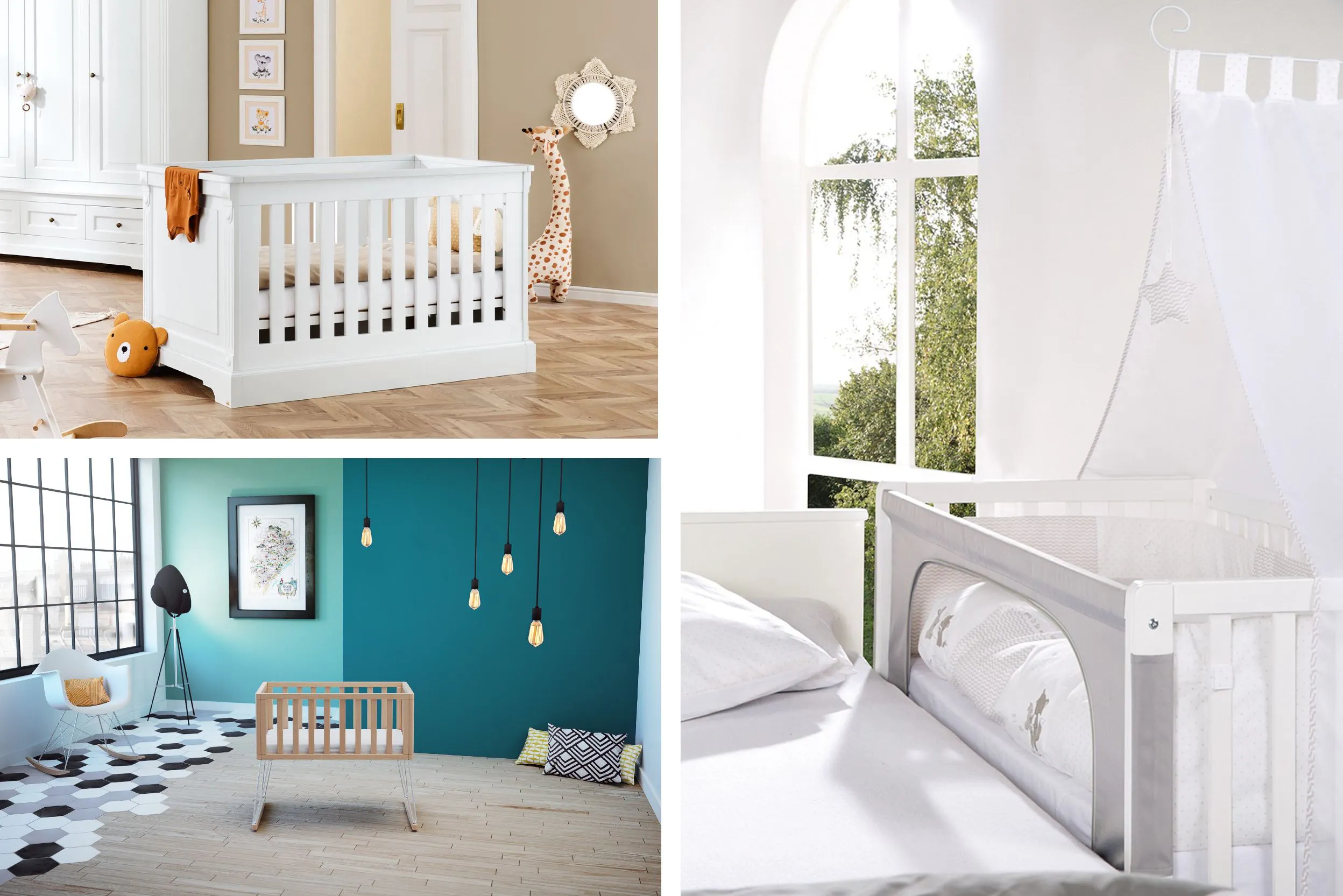 Trois photos de lits de bébé : un lit à barreaux blanc en bois massif dans une chambre aux tons nus, un berceau en bois massif clair, dans une chambre aux tons verts canard, et un cododo blanc près d'un lit blanc avec drap blanc et grande fenêtre