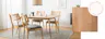 Salle à manger en bois blond avec table en chêne clair, chaises en rotin et frêne huilé et aux assises capitonnées, tapis en laine beige et lampe tressée. Gros plan sur du chêne clair.