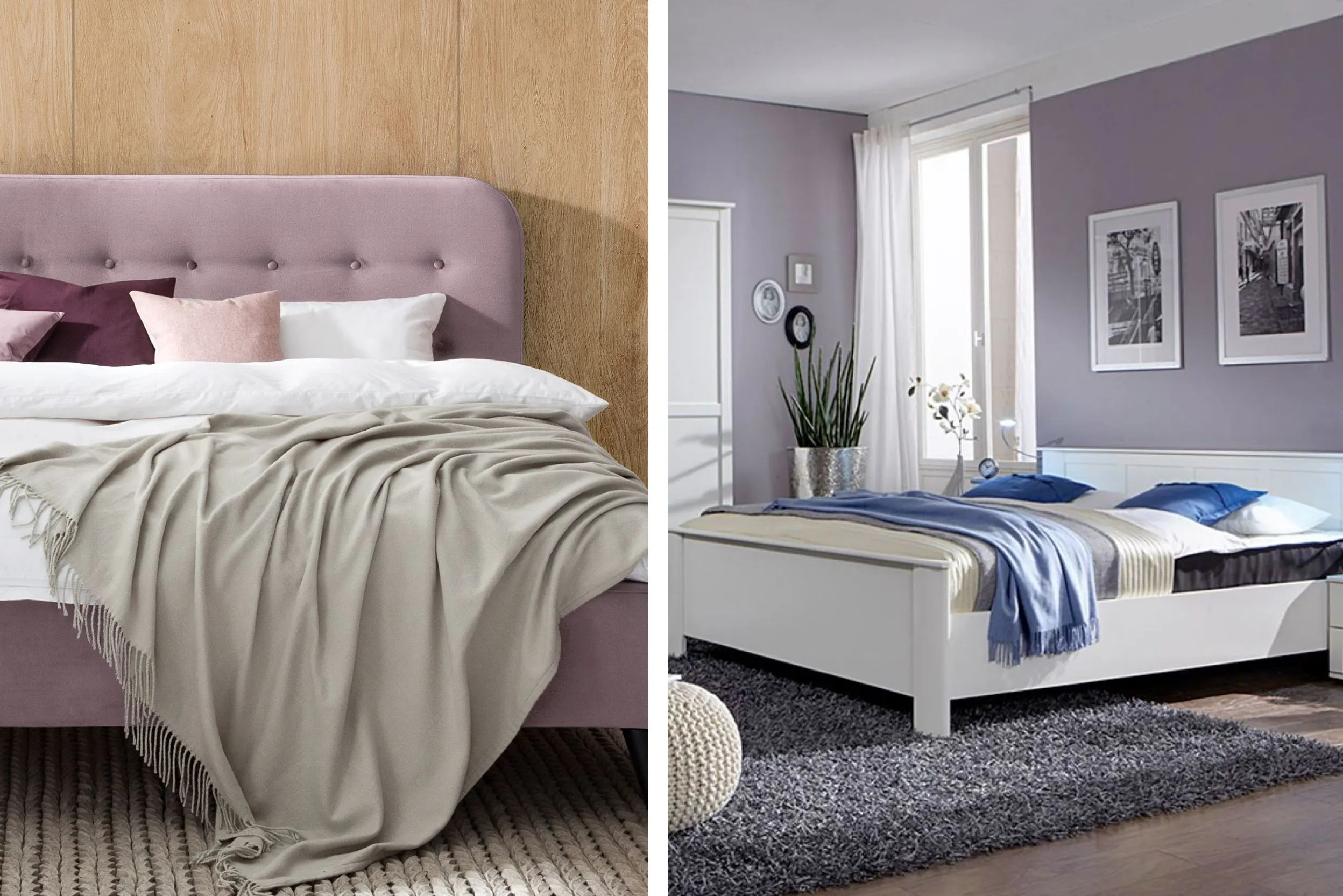 Combo de deux photos de chambres à coucher. L'une a un mur en bois clair, un lit mauve clair, une literie blanche et des coussins de tons divers, blanc, rose et mauve. L'autre a des murs violets clairs, des rideaux blancs, un lit blanc, une literie blanche et bleue.