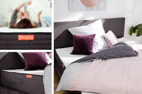 Hochwertige, hohe Matratze mit Frau darauf liegend (links) und Kissen-Decken-Set (rechts). Produktname: Smood (home24).