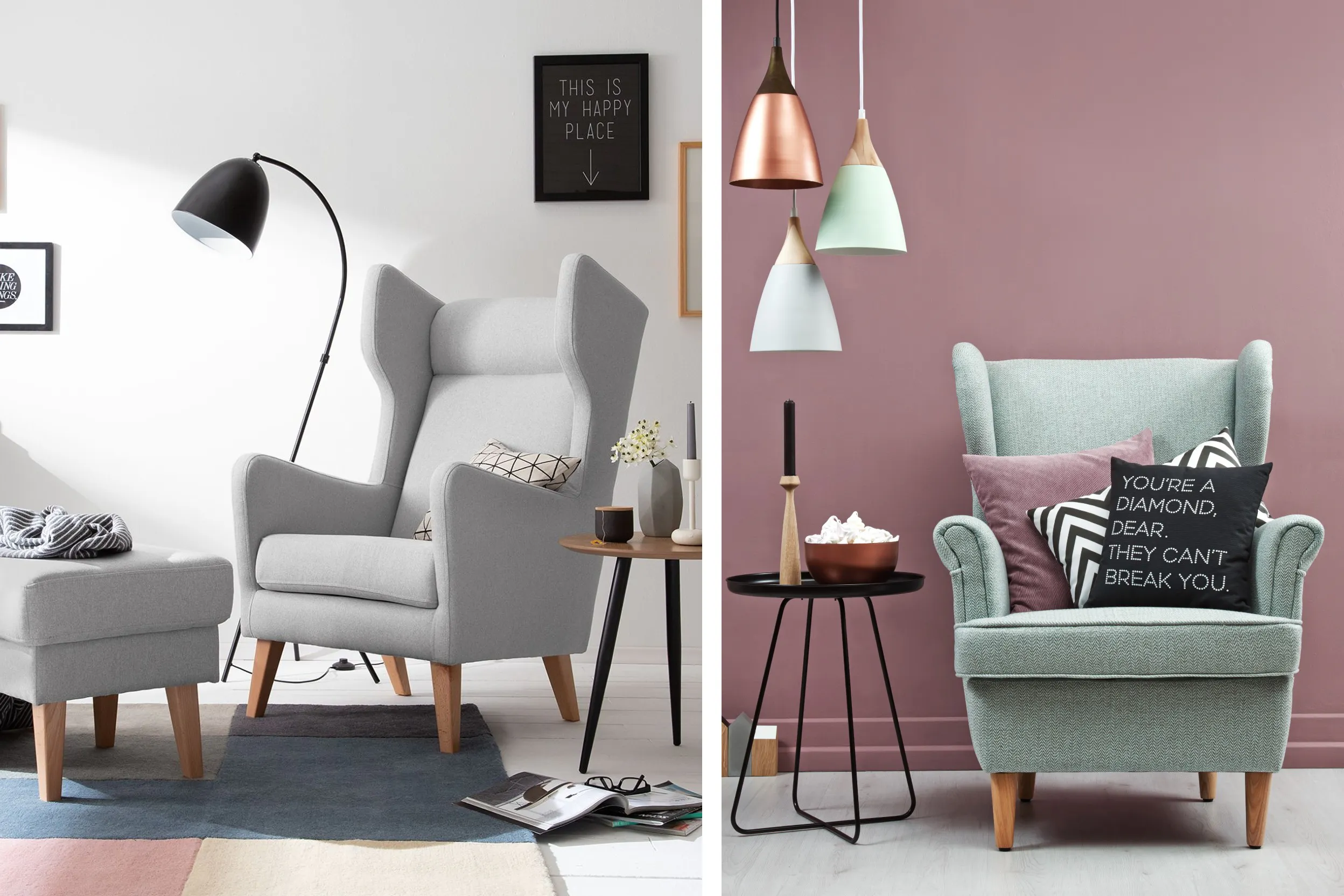 Grauer und hellgrüner Ohrensessel, jeweils mit Lampe und Beistelltisch